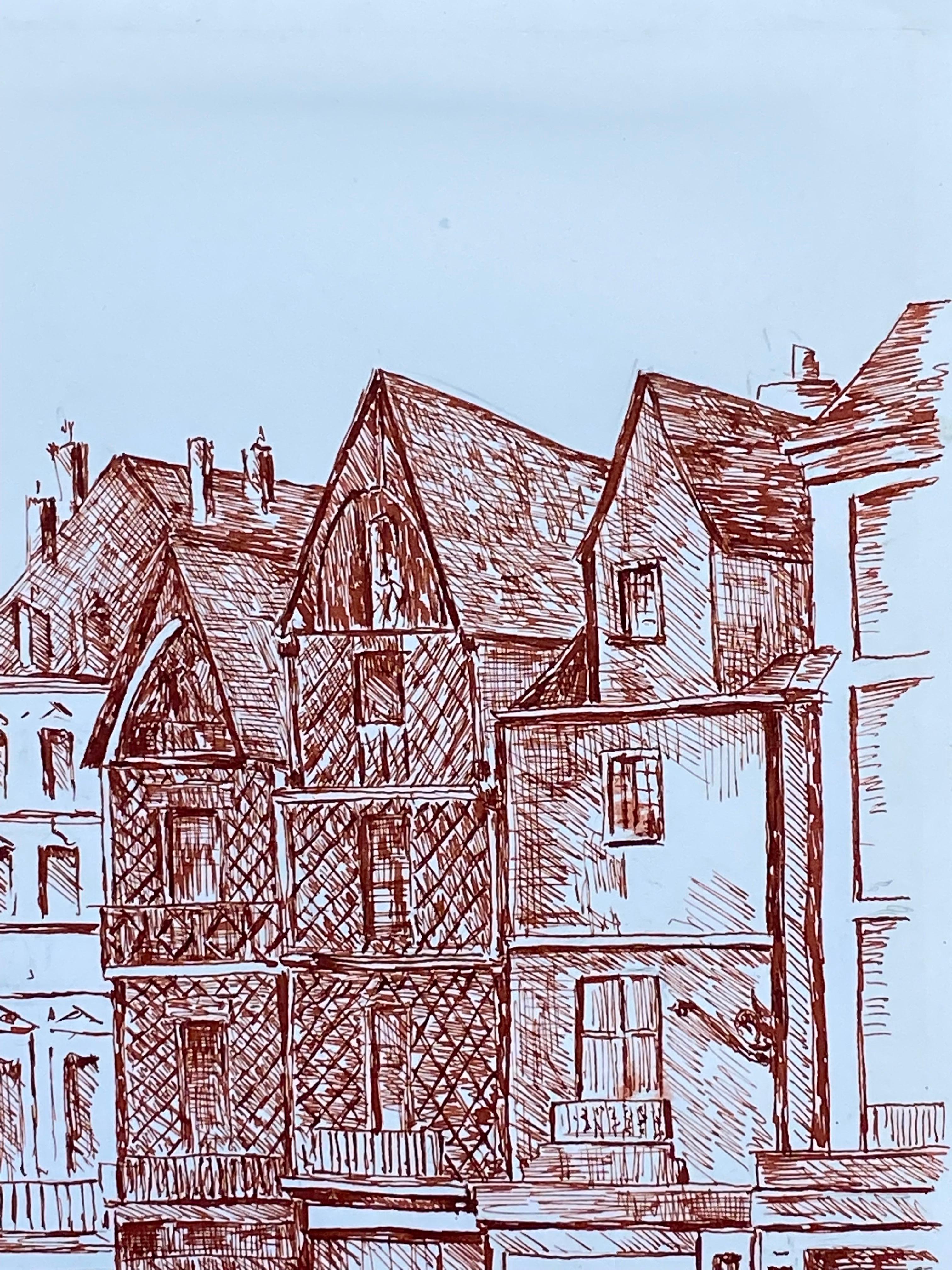 1950's French Modernist/ Cubist Painting - Red Fine Landscape For Sale 1