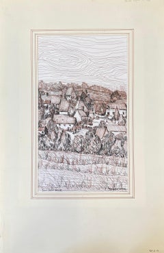 1950's French Modernist/ Cubist Painting Signed, Biro Drawing of French Town