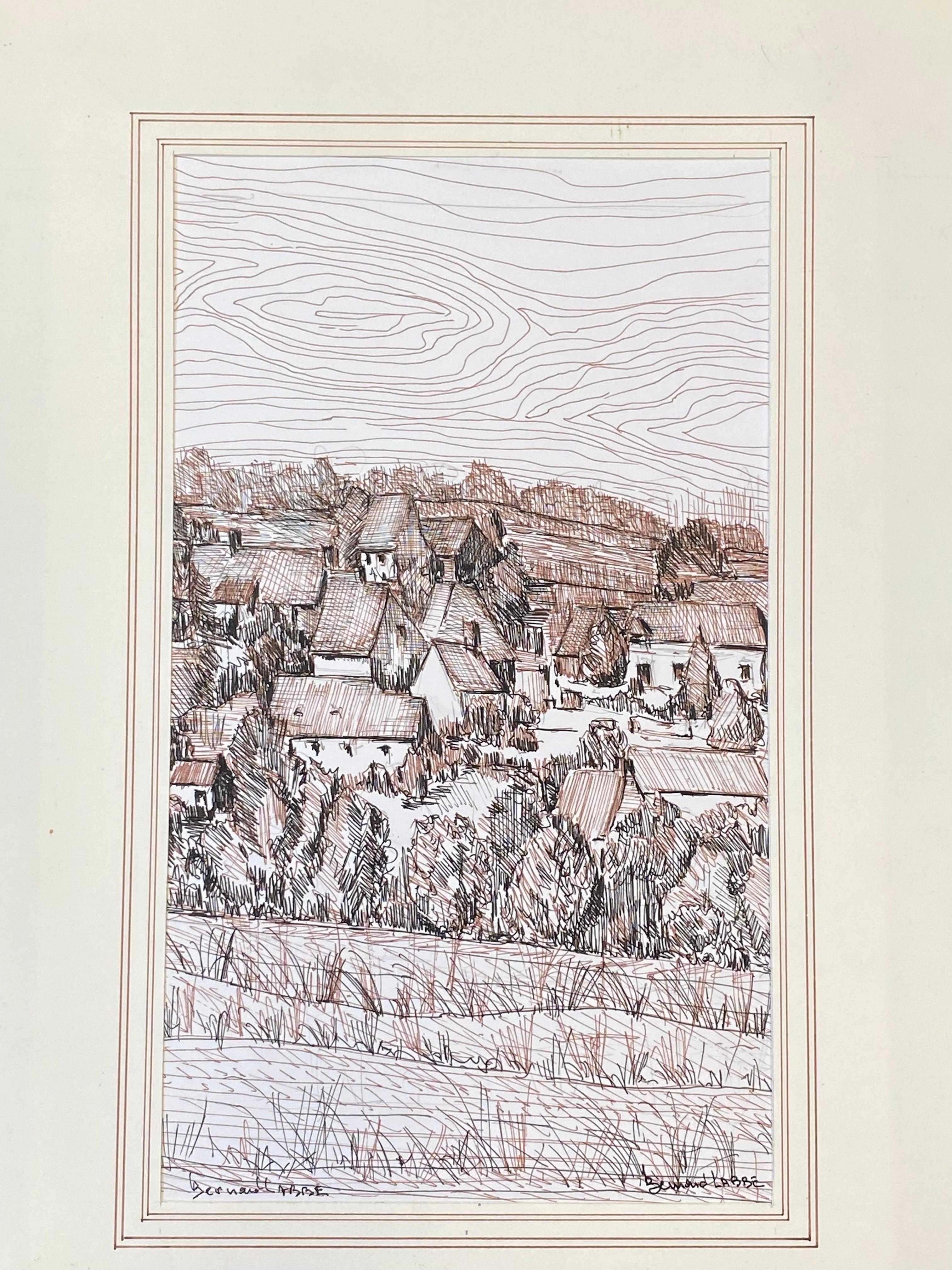 Peinture cubiste/moderniste française des années 1950 signée, dessin au stylo à bille d'une ville française - Gris Landscape Painting par Unknown