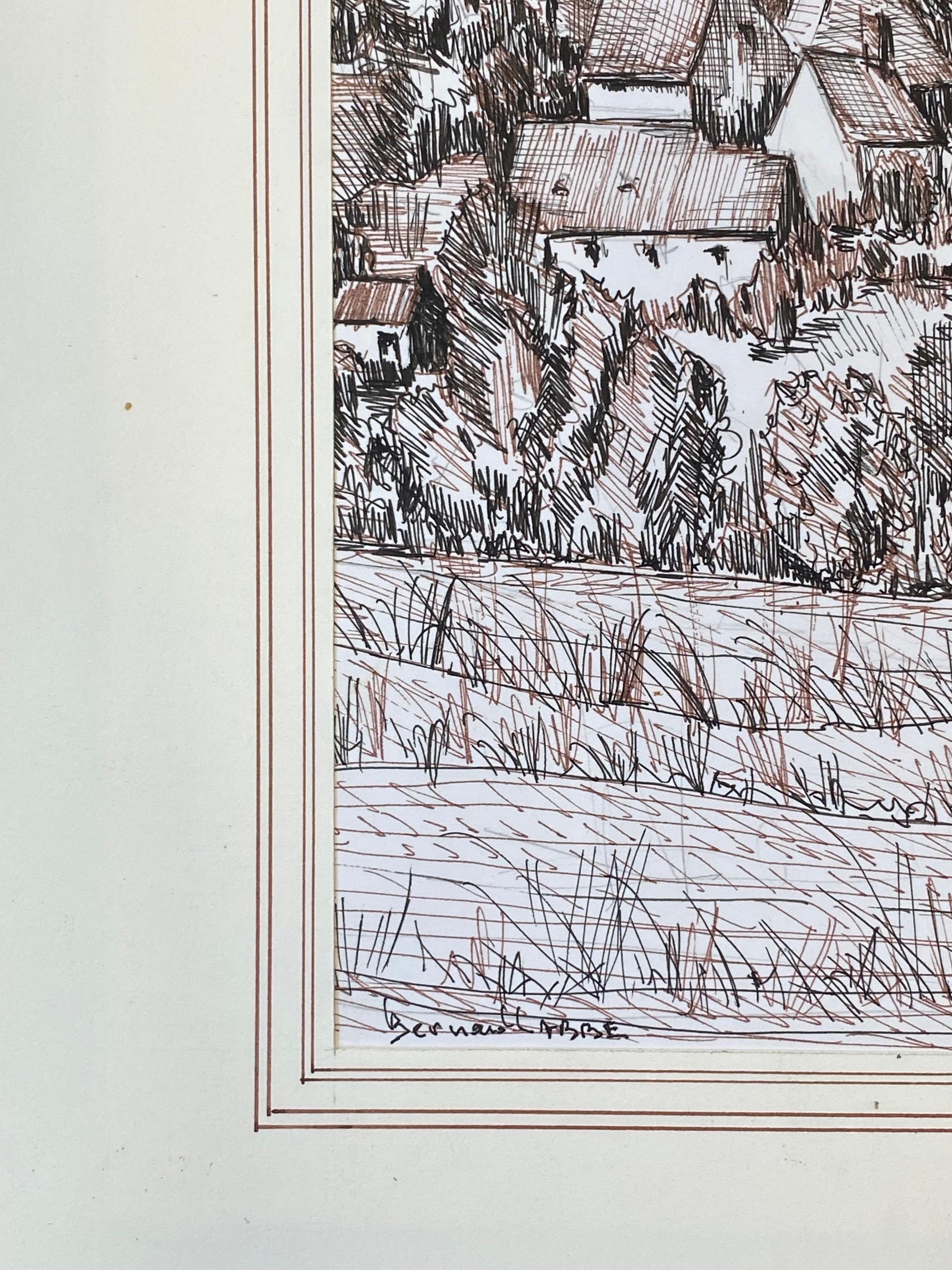Peinture cubiste/moderniste française des années 1950 signée, dessin au stylo à bille d'une ville française en vente 1