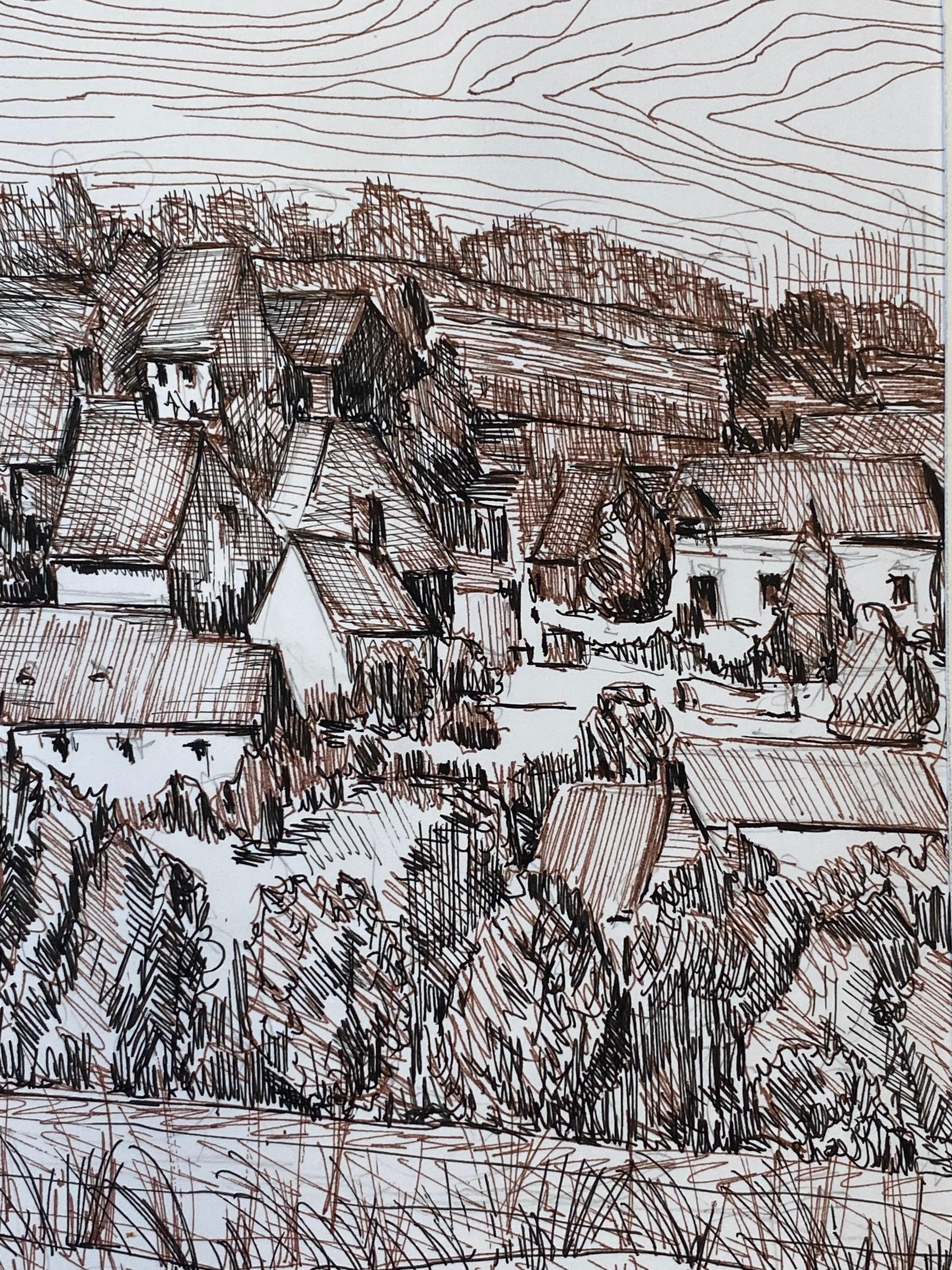 Peinture cubiste/moderniste française des années 1950 signée, dessin au stylo à bille d'une ville française en vente 2