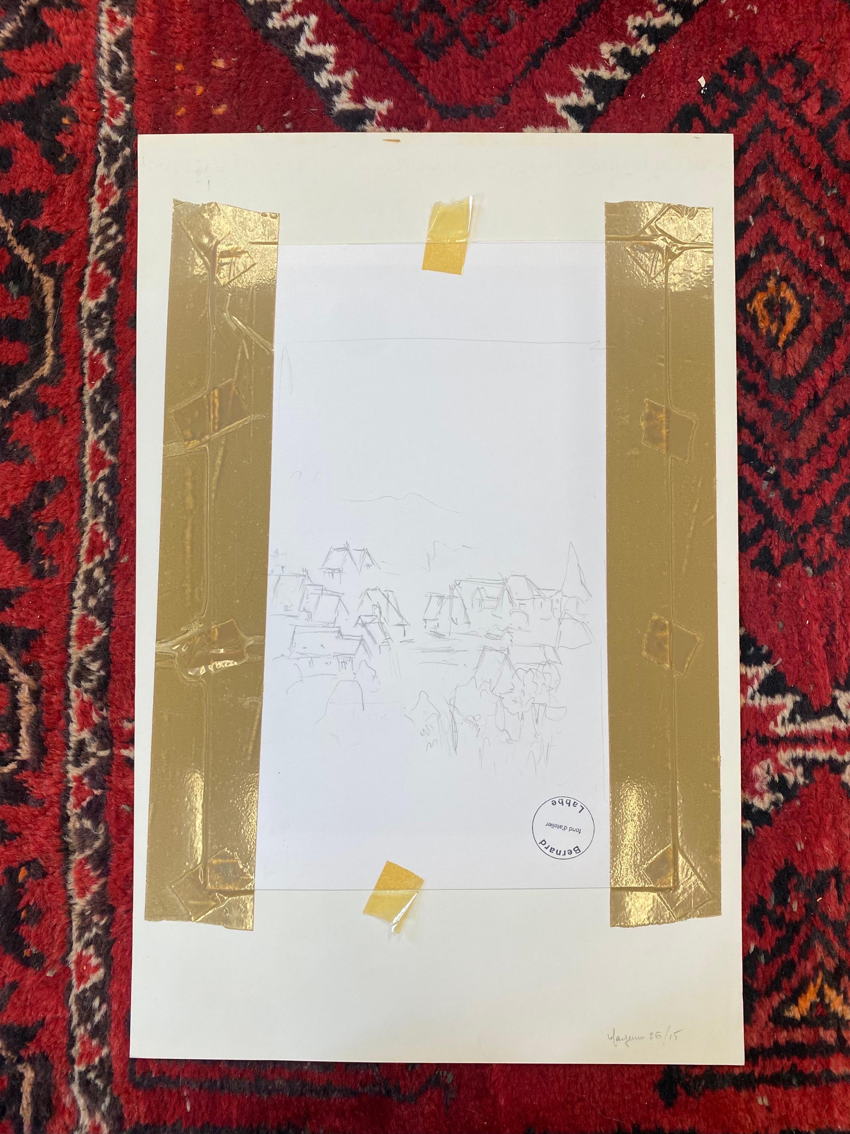 Peinture cubiste/moderniste française des années 1950 signée, dessin au stylo à bille d'une ville française en vente 3