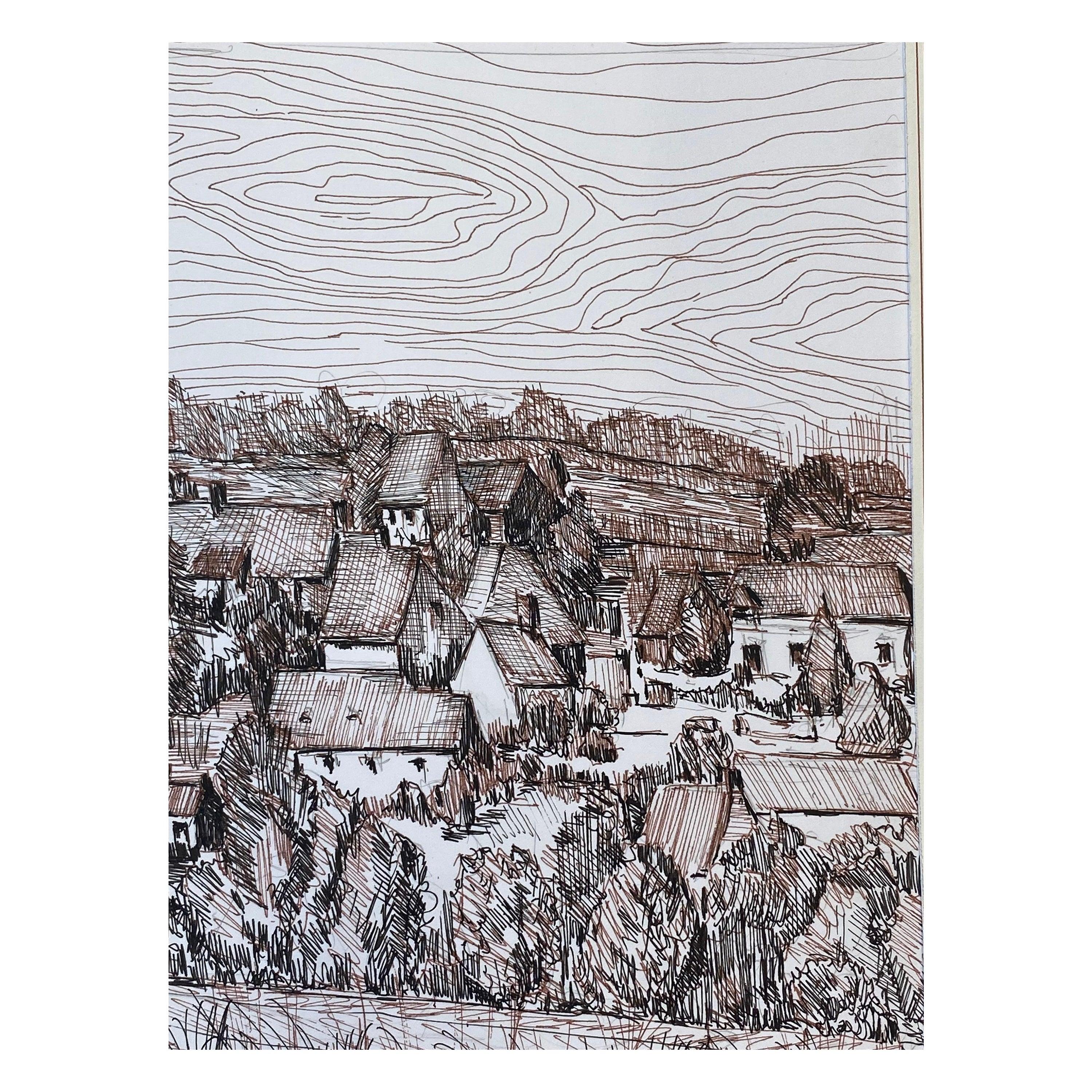 Quadro modernista/cubista francese degli anni '50 firmato, disegno a biro di una Townes francese