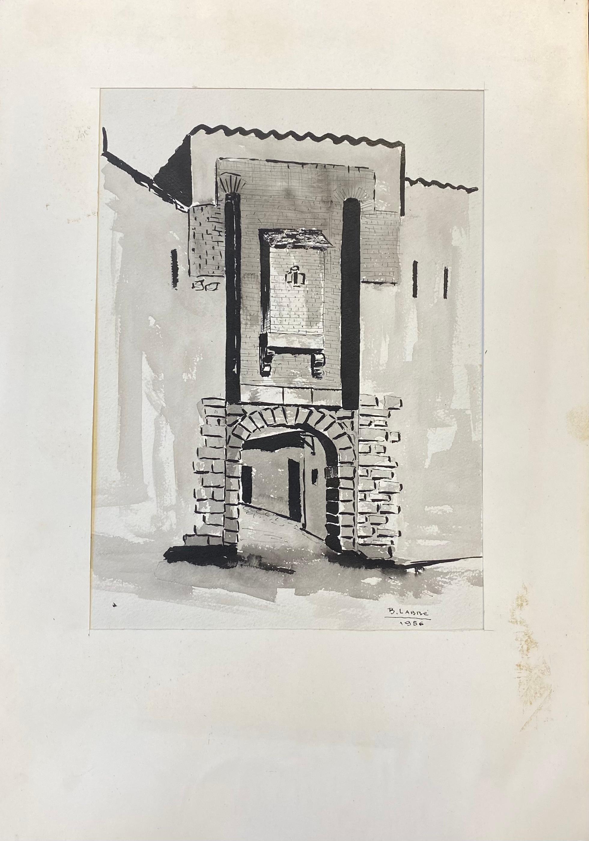 1950's Pintura Modernista/Cubista Francesa Firmada, Arco Francés Blanco y Negro - Painting de Unknown