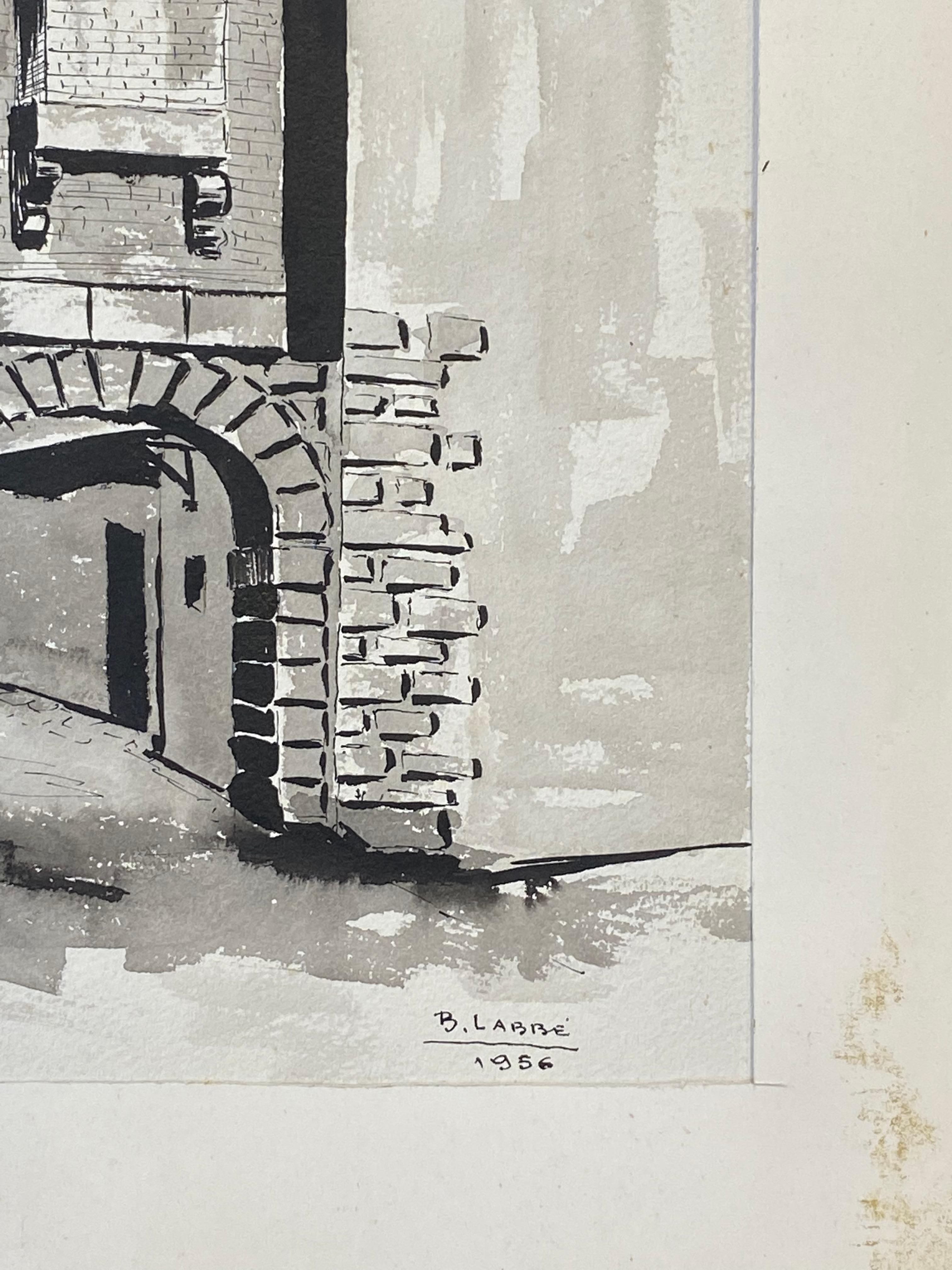 1950's Pintura Modernista/Cubista Francesa Firmada, Arco Francés Blanco y Negro - Painting Moderno de Unknown