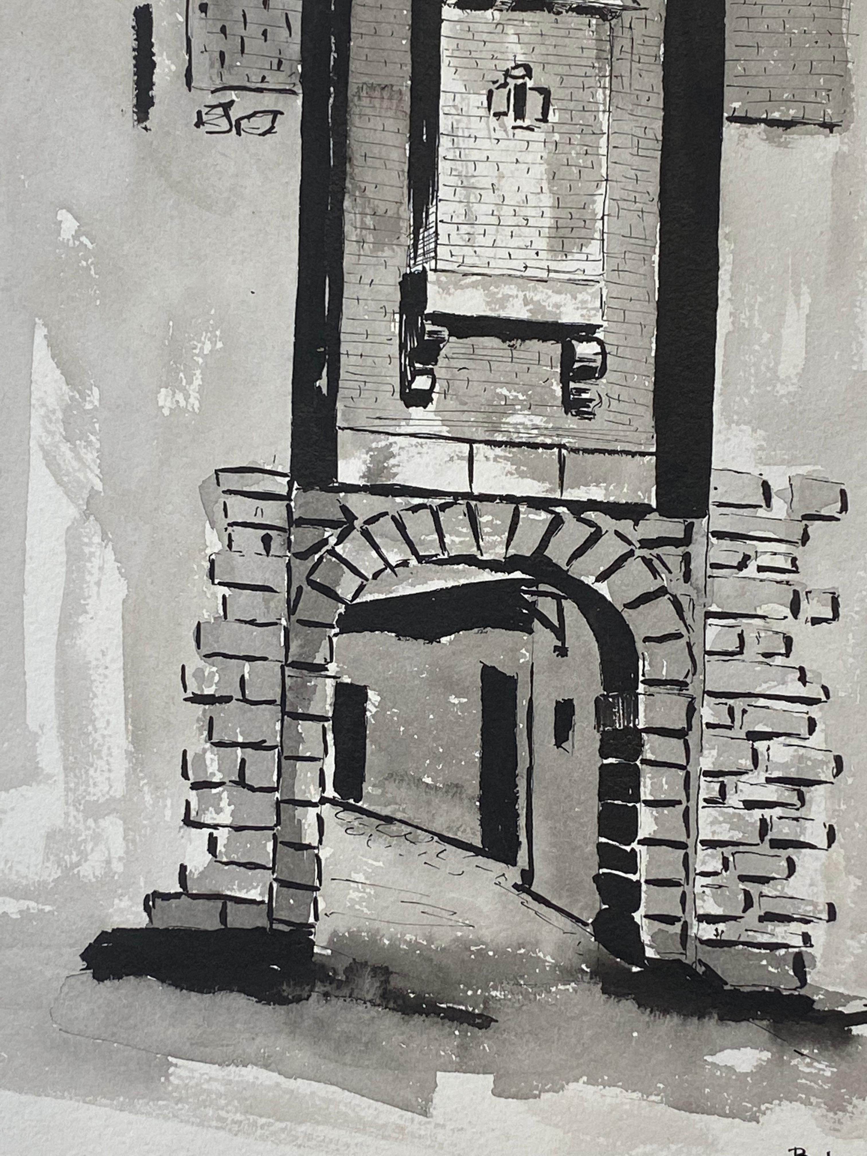 1950's Pintura Modernista/Cubista Francesa Firmada, Arco Francés Blanco y Negro - Landscape Painting Gris de Unknown