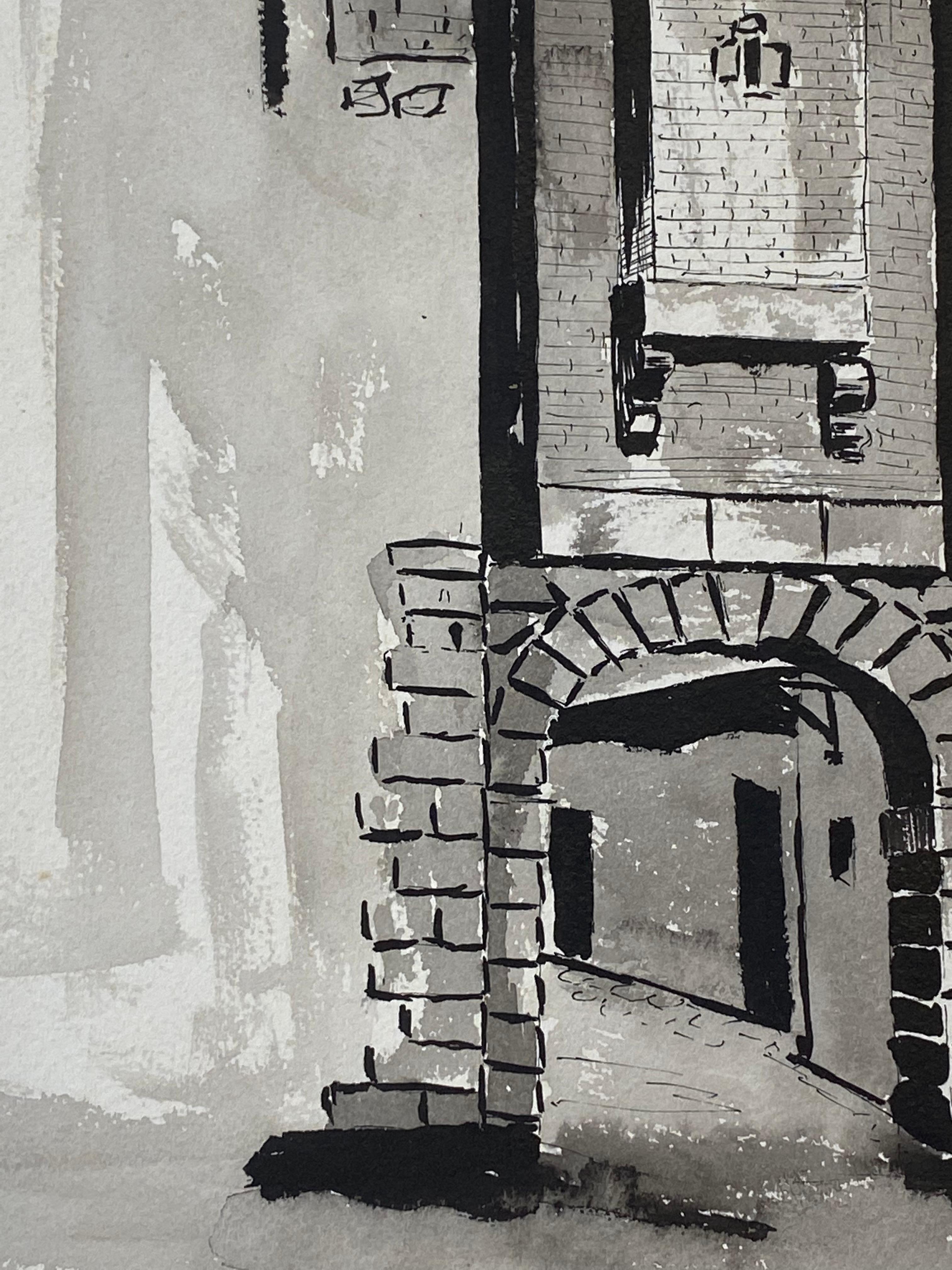 1950's Pintura Modernista/Cubista Francesa Firmada, Arco Francés Blanco y Negro en venta 1