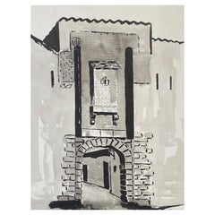 1950's Pintura Modernista/Cubista Francesa Firmada, Arco Francés Blanco y Negro