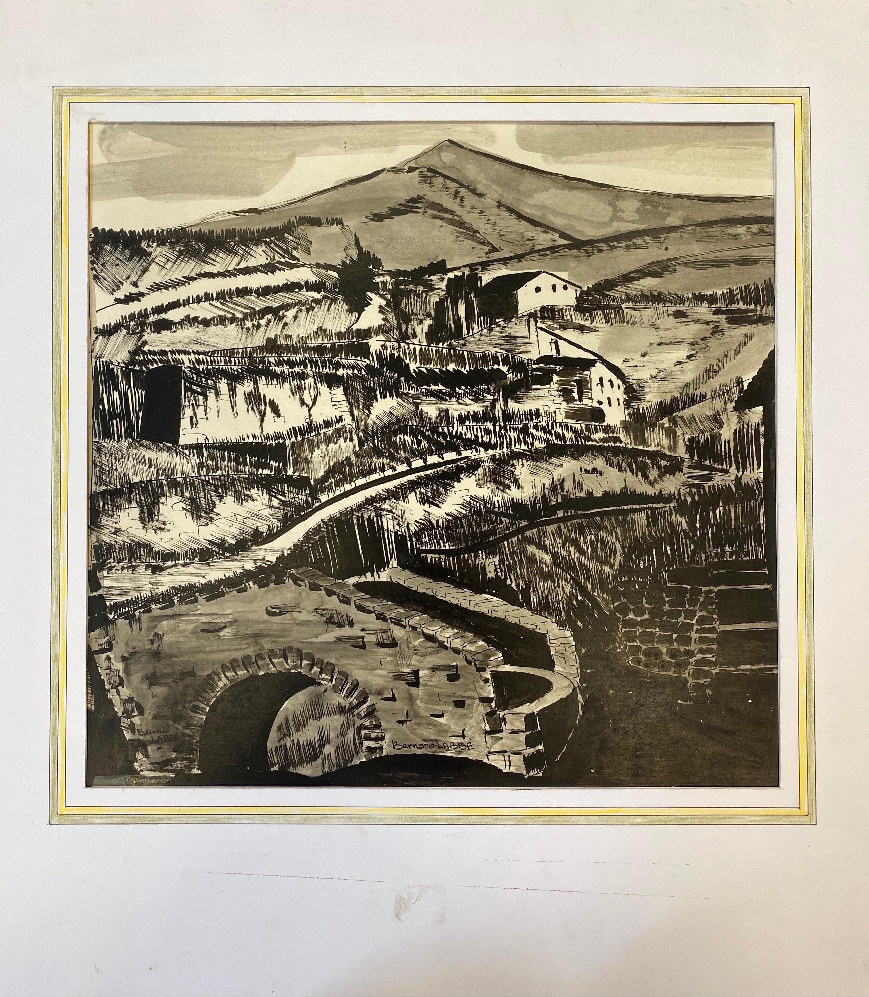 1950's French Modernist / Cubist Painting Signed, Black & White French Landscape For Sale 1