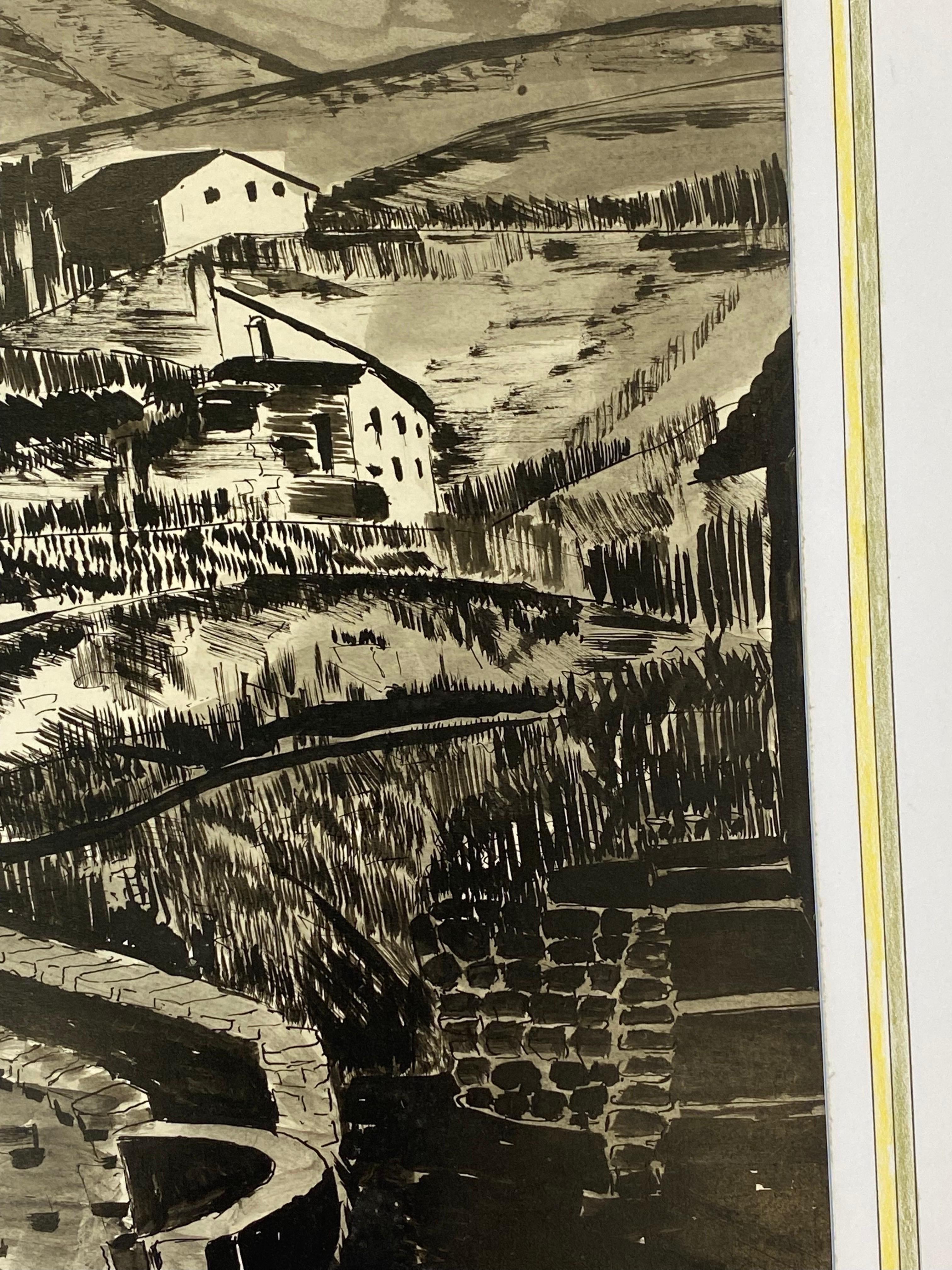 1950's French Modernist / Cubist Painting Signed, Black & White French Landscape For Sale 2