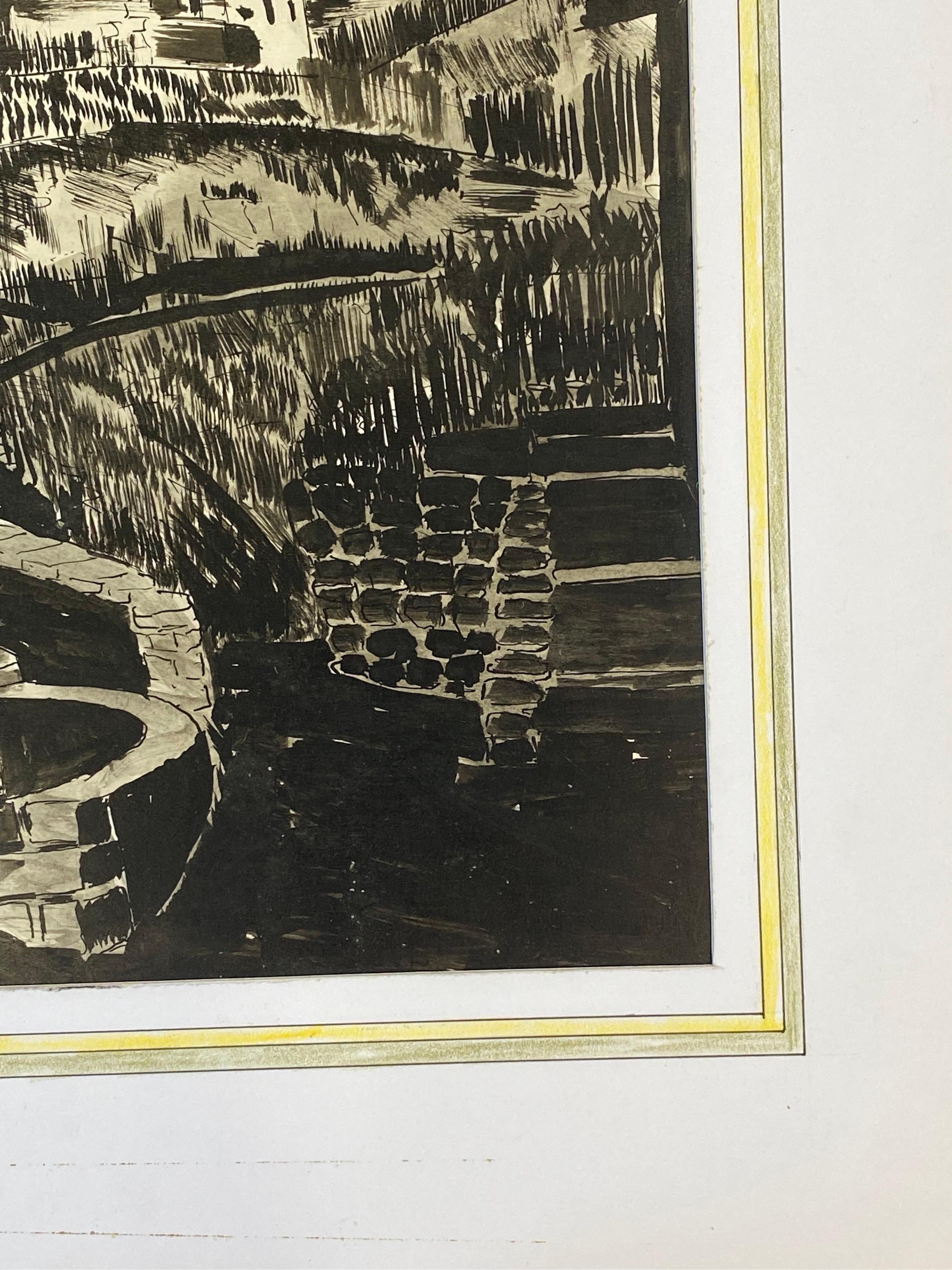 1950's French Modernist / Cubist Painting Signed, Black & White French Landscape For Sale 3
