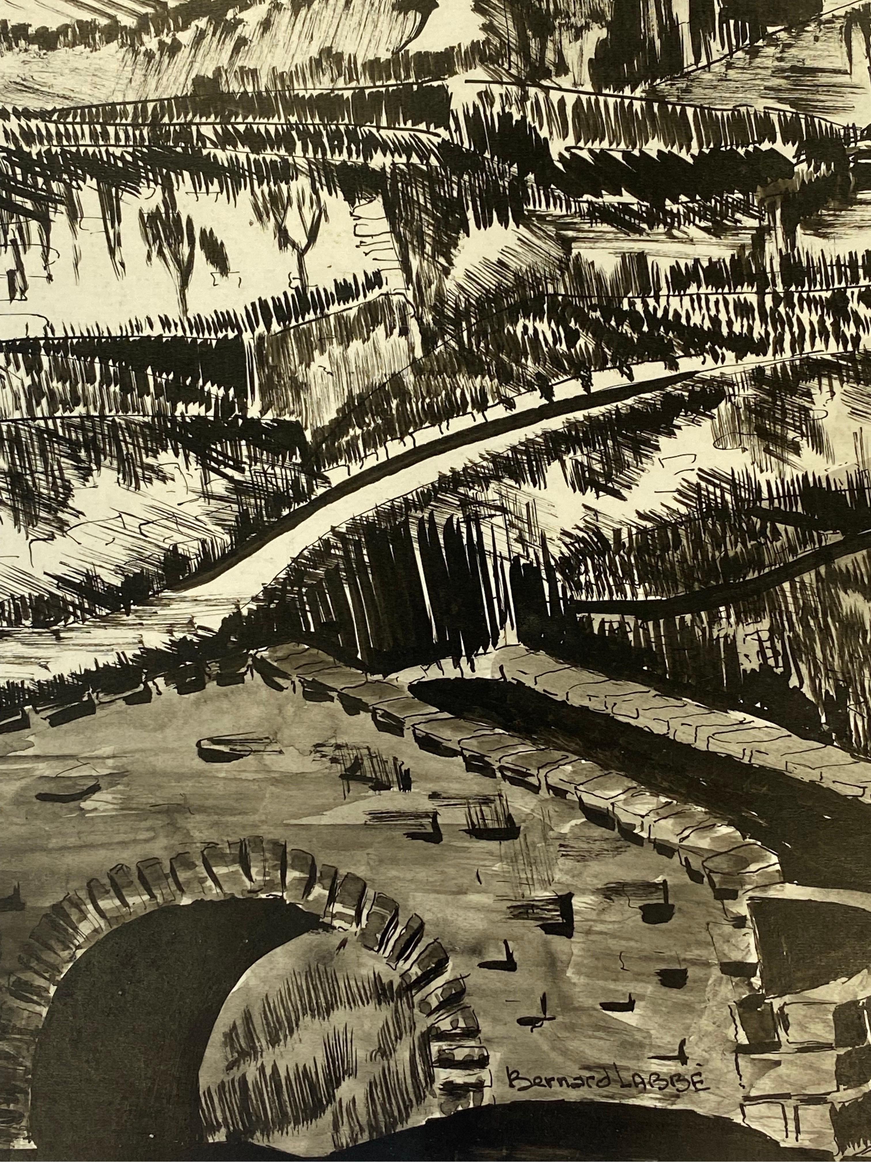1950's French Modernist / Cubist Painting Signed, Black & White French Landscape For Sale 4