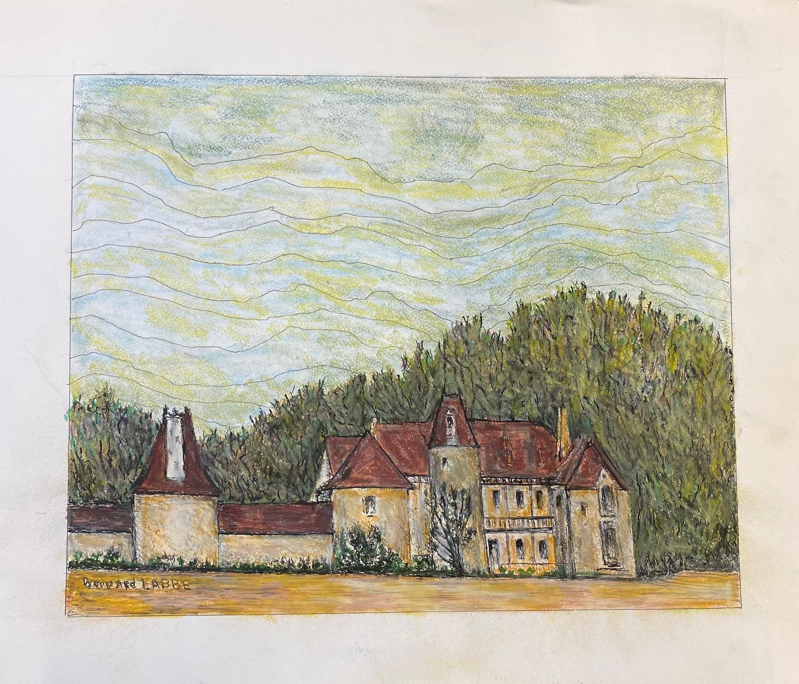1950's French Modernist/ Cubist Painting signed, French Chateau - Beige Landscape Painting by Unknown