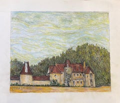 1950's French Modernist/ Cubist Painting signed, French Chateau