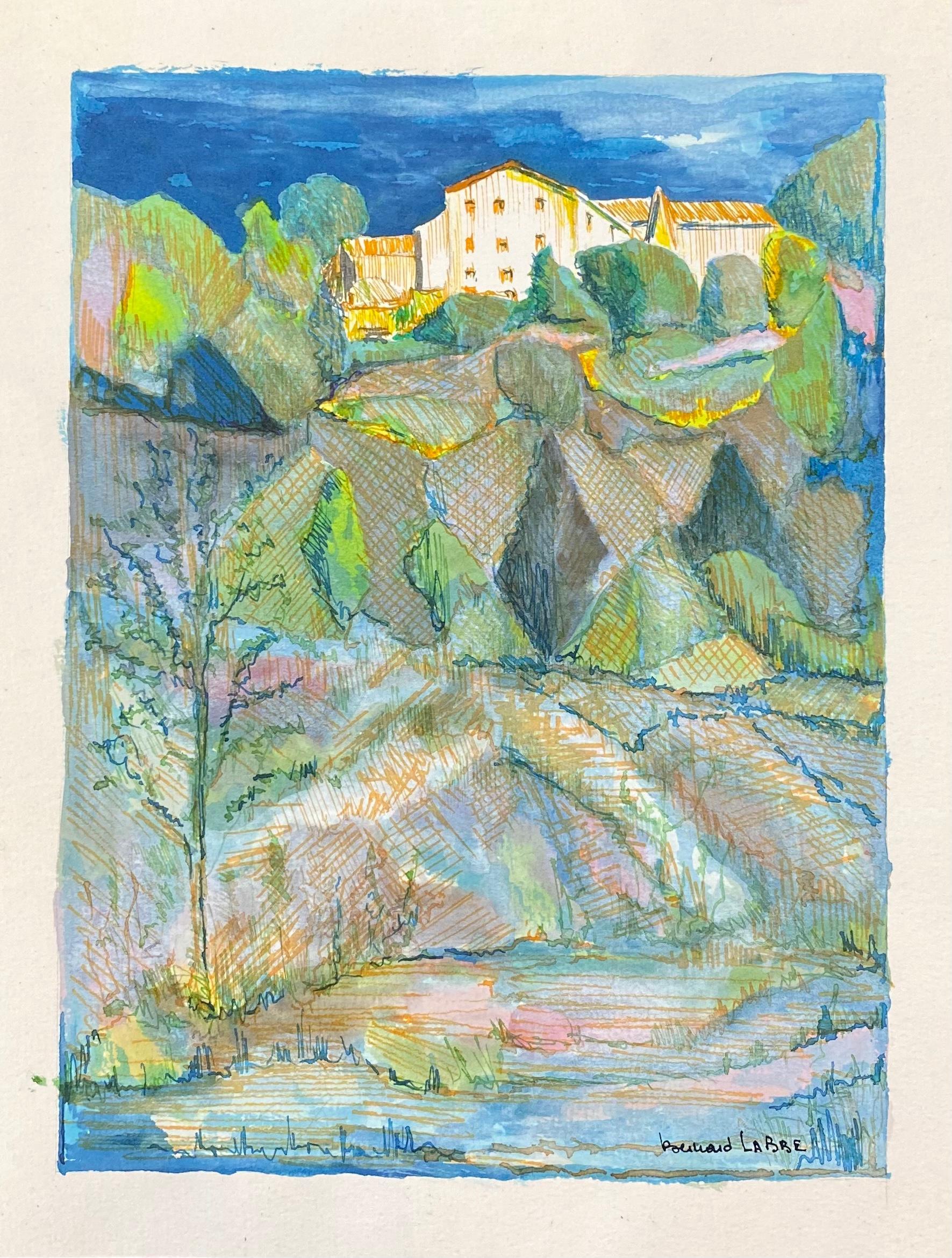 Pittura cubista/modernista francese degli anni '50 firmata, Paesaggio francese - Painting di Unknown