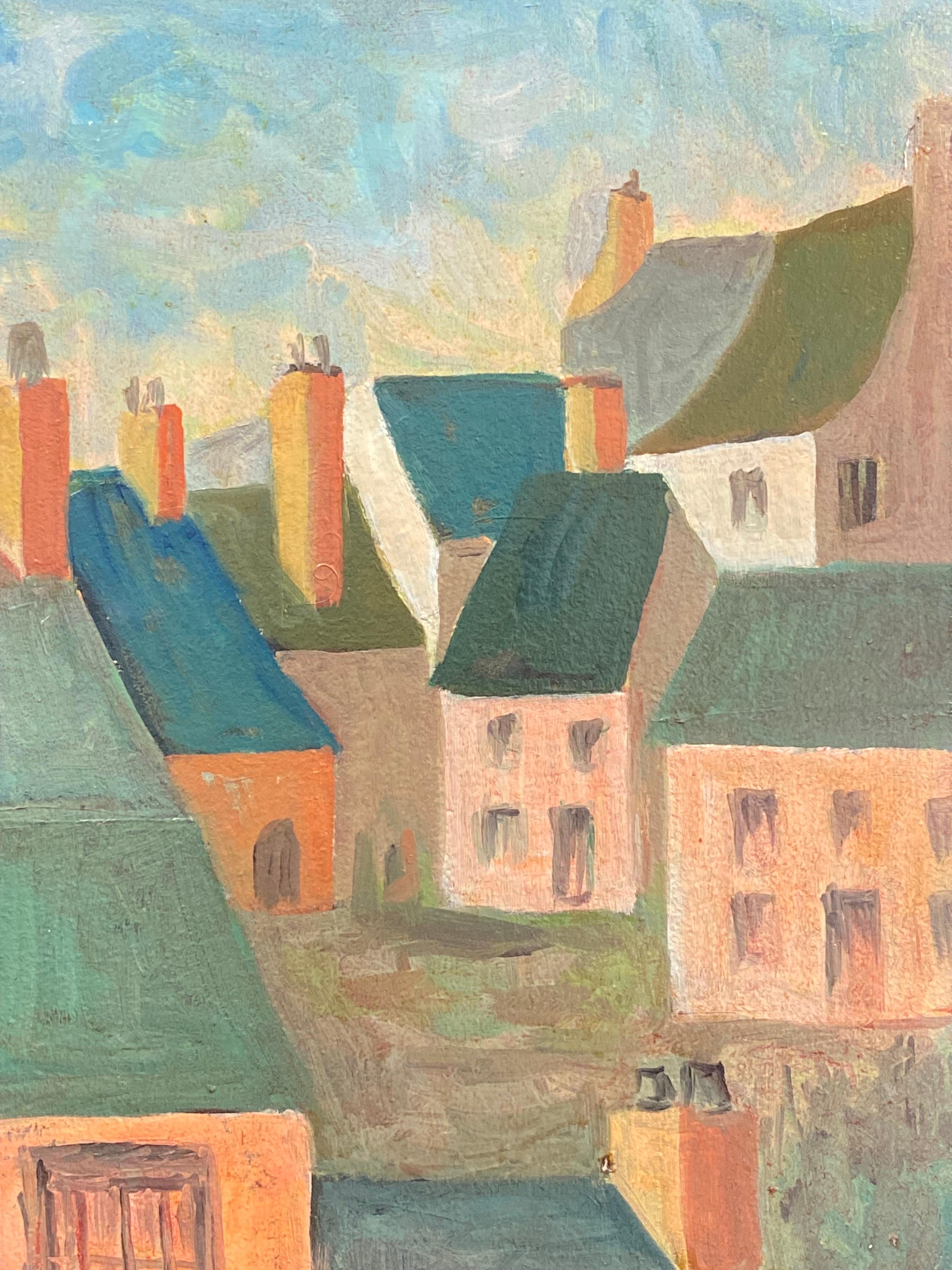 Peinture moderniste / cubiste française des années 1950 signée, paysage français - Painting de Unknown