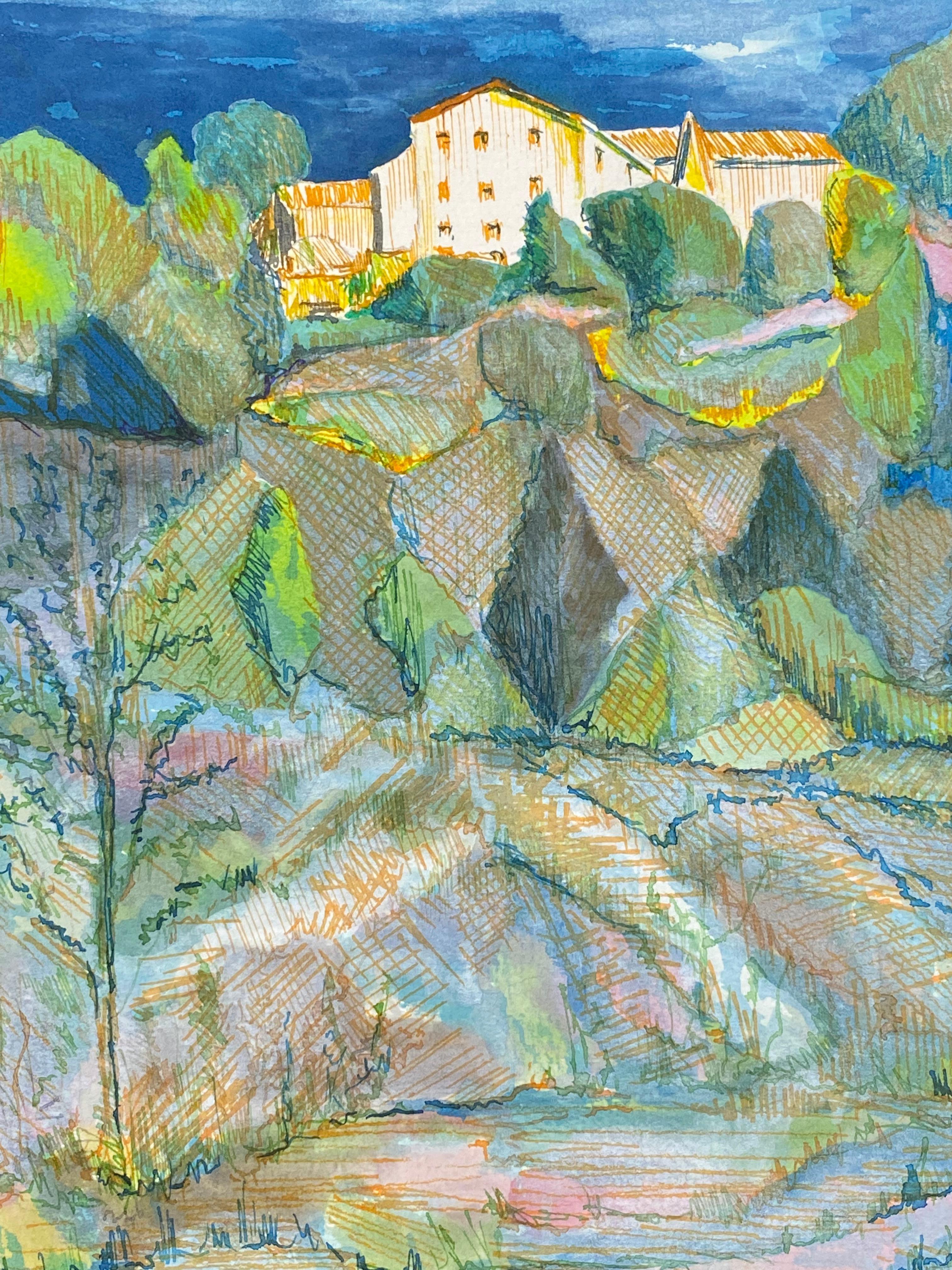 Pittura cubista/modernista francese degli anni '50 firmata, Paesaggio francese - Landscape Painting Grigio di Unknown