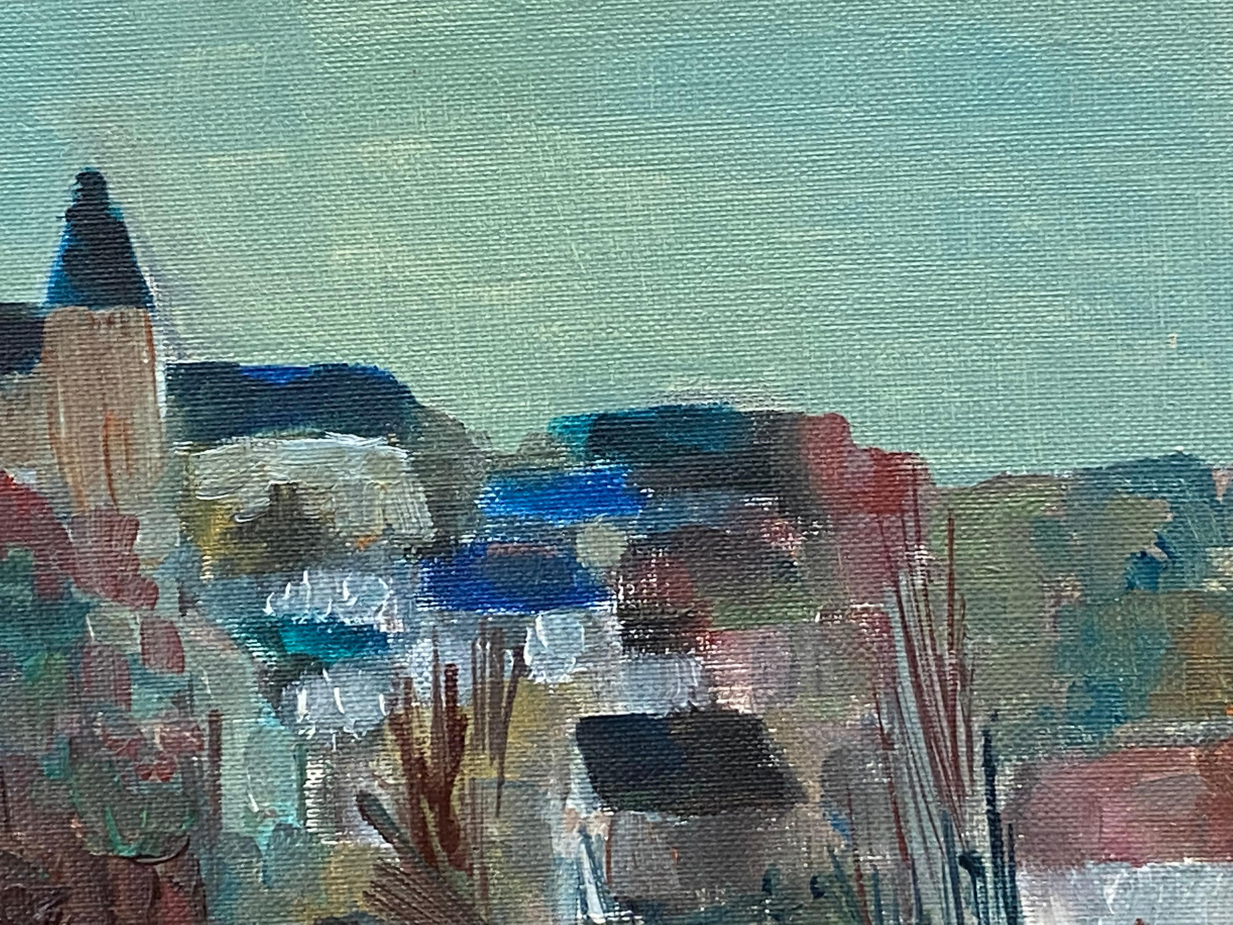 Quadro modernista/cubista francese degli anni '50 firmato, Paesaggio francese - Landscape Painting Grigio di Unknown