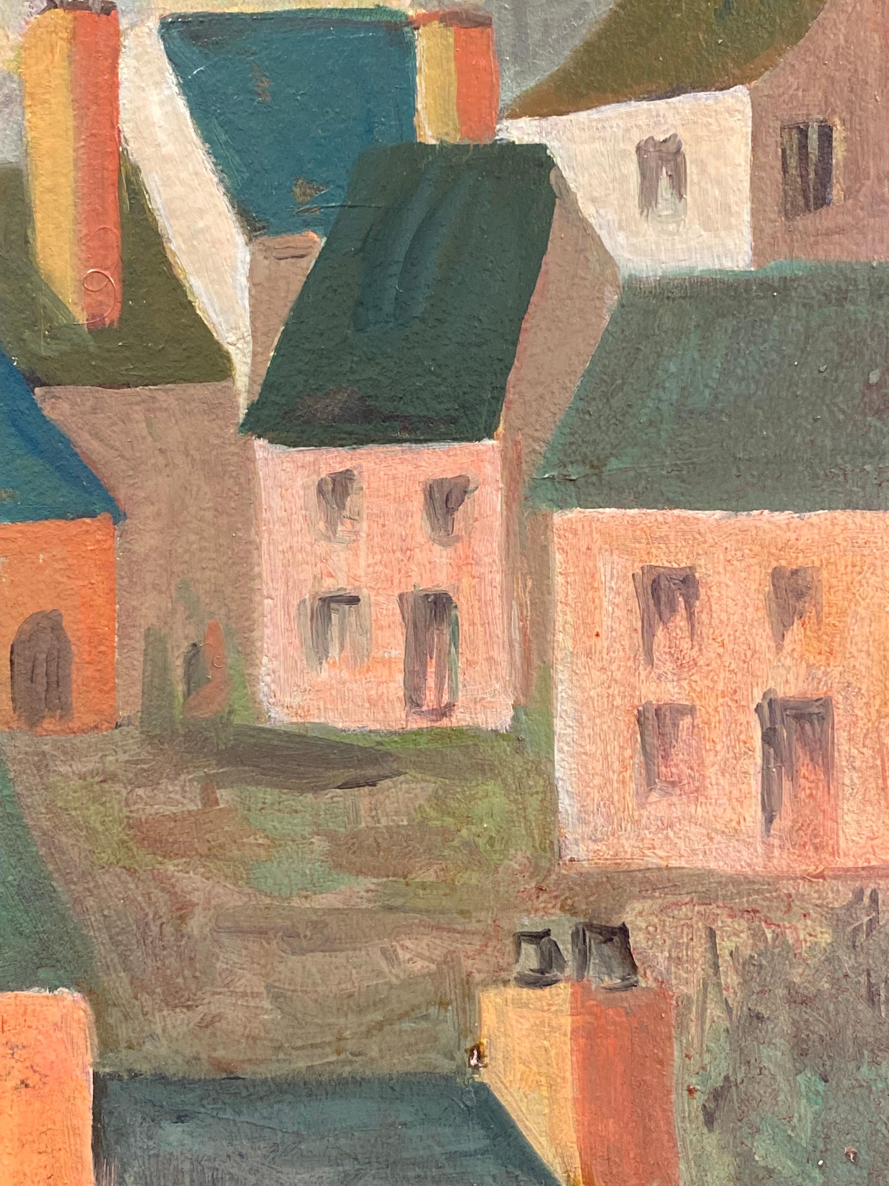 Peinture moderniste / cubiste française des années 1950 signée, paysage français en vente 1