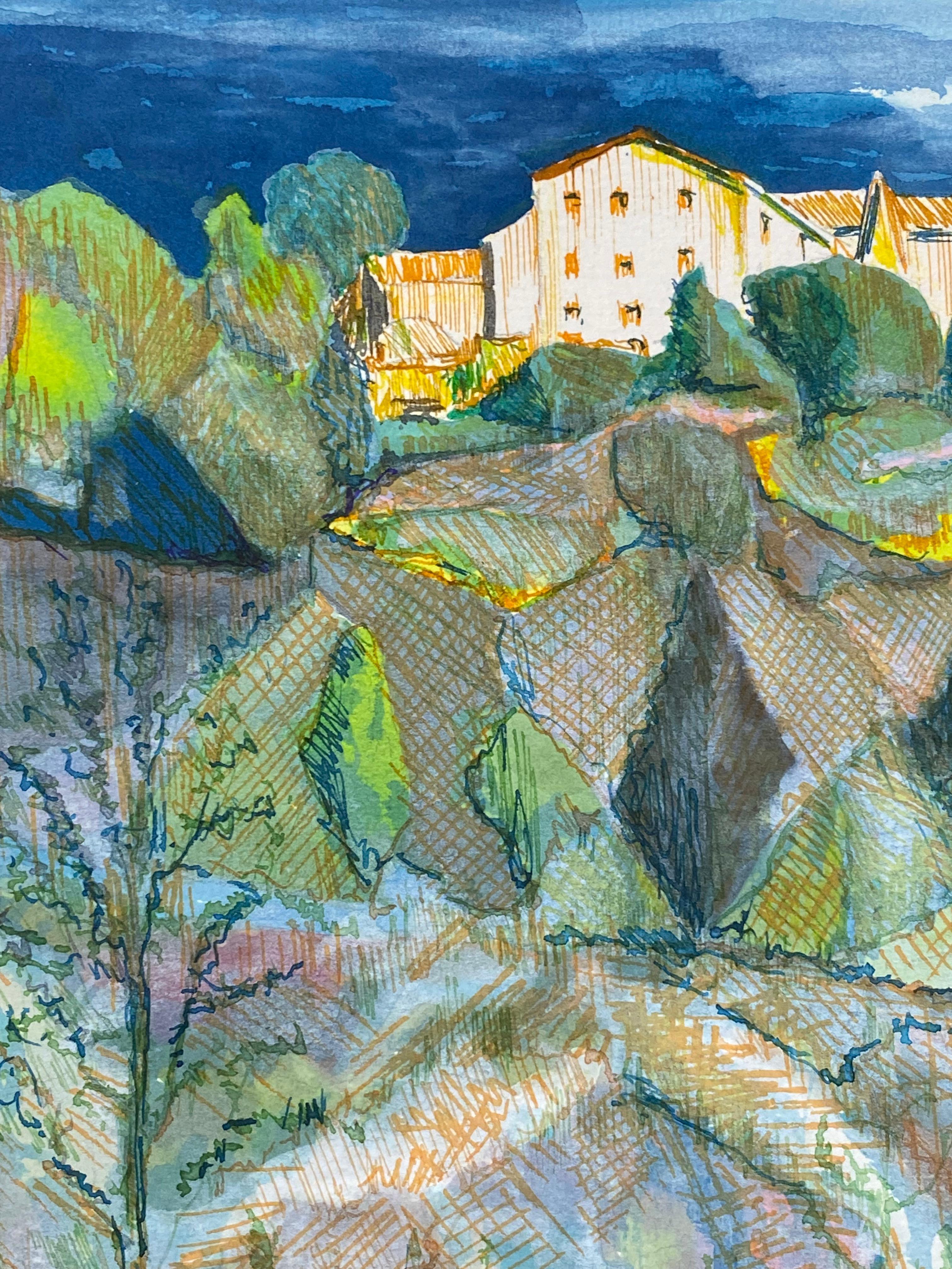 Pittura cubista/modernista francese degli anni '50 firmata, Paesaggio francese in vendita 4