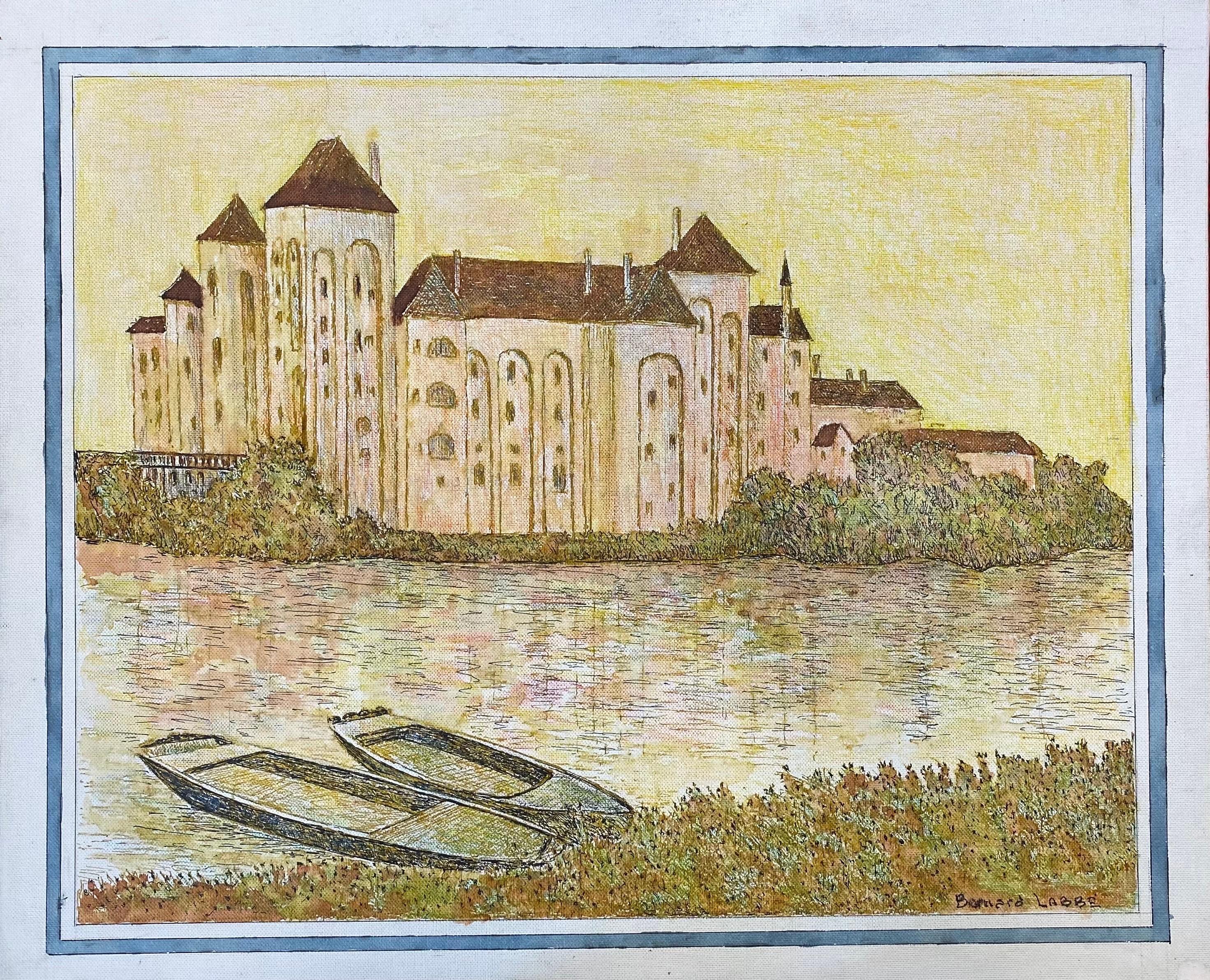 Quadro cubista/modernista francese del 1950 firmato, Paesaggio fluviale francese - Painting di Unknown