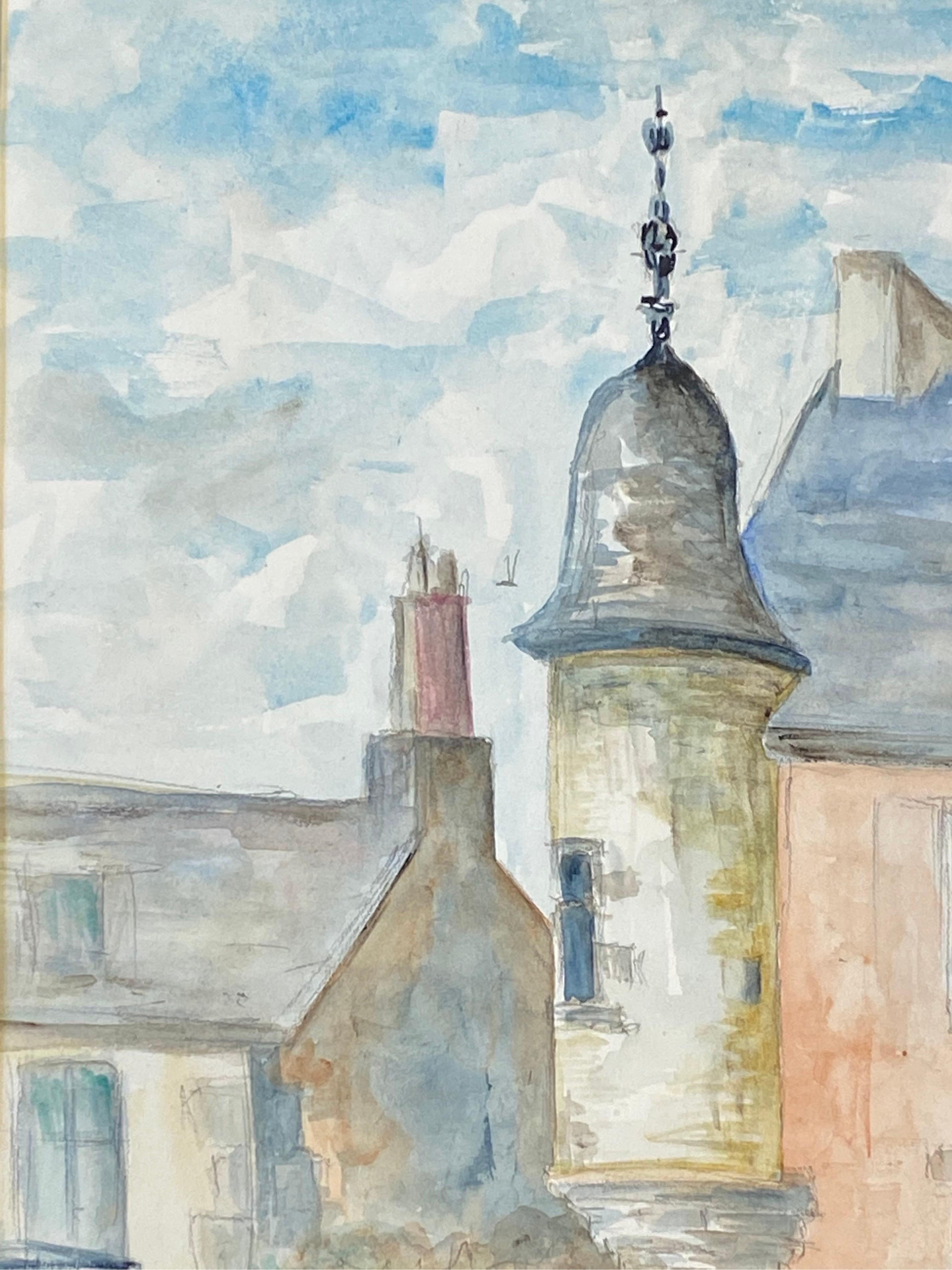 Peinture moderniste/cubiste française des années 1950 signée, bâtiments français de couleur claire - Gris Landscape Painting par Unknown