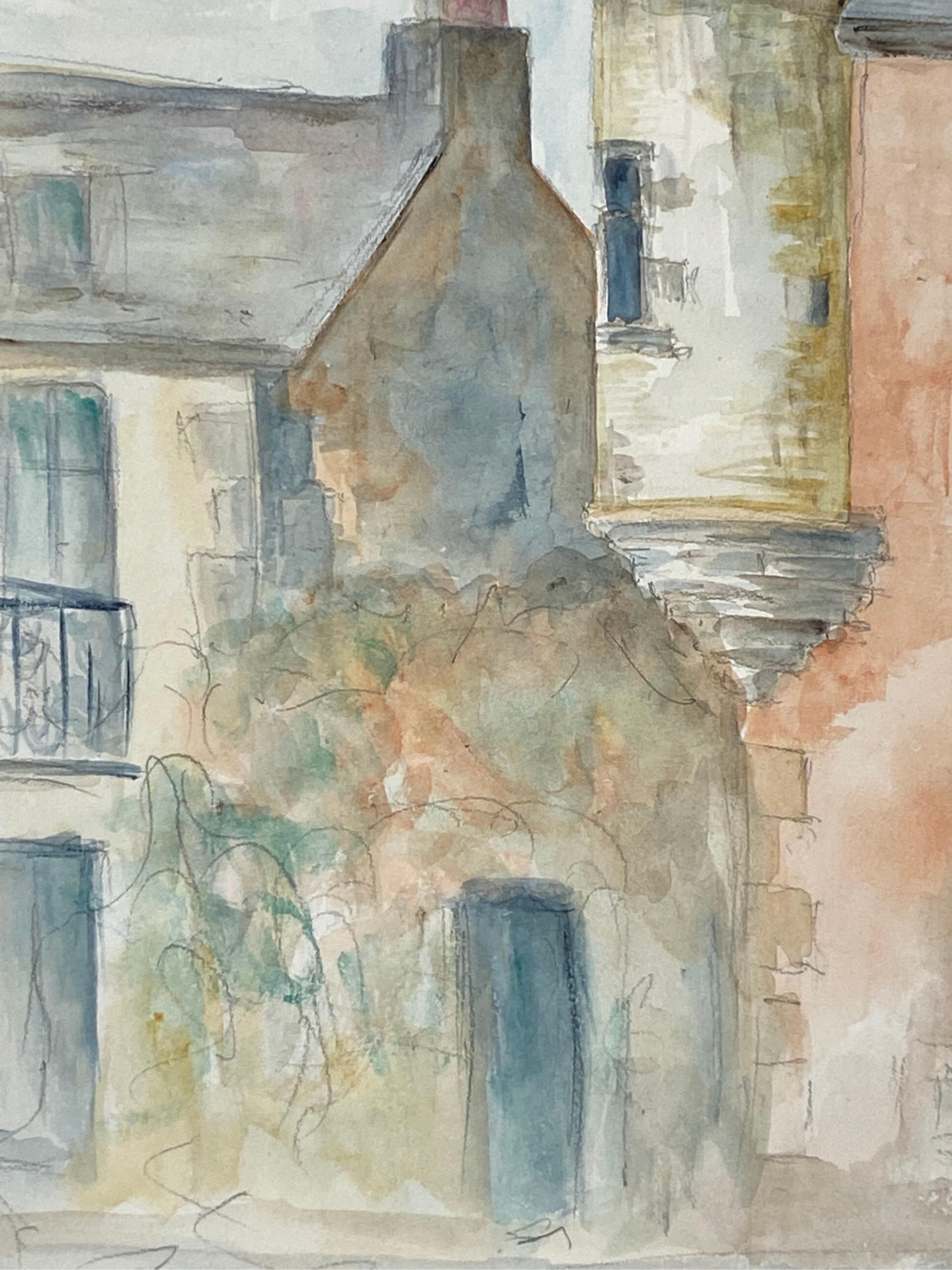 Peinture moderniste/cubiste française des années 1950 signée, bâtiments français de couleur claire en vente 1