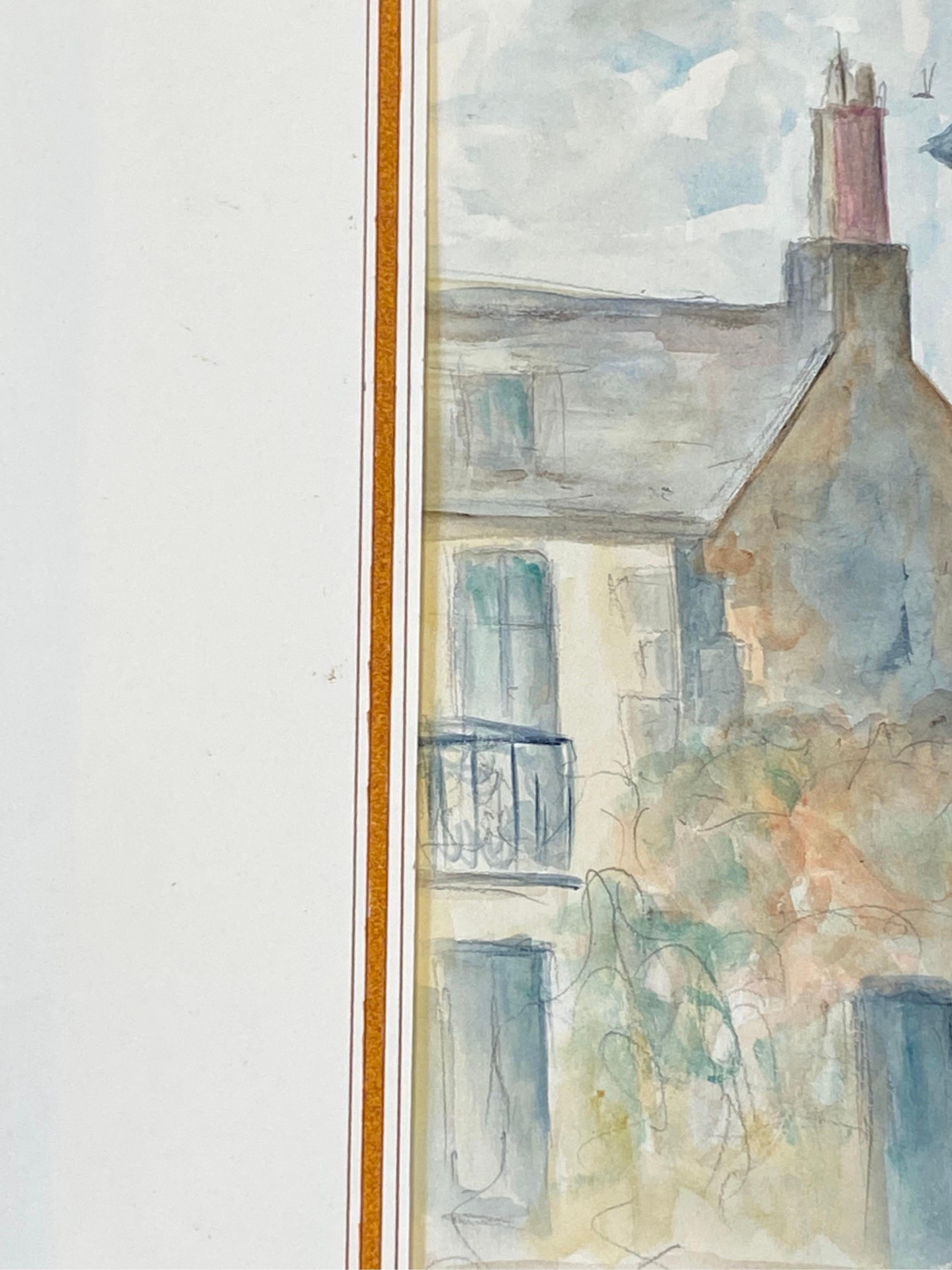 Peinture moderniste/cubiste française des années 1950 signée, bâtiments français de couleur claire en vente 2