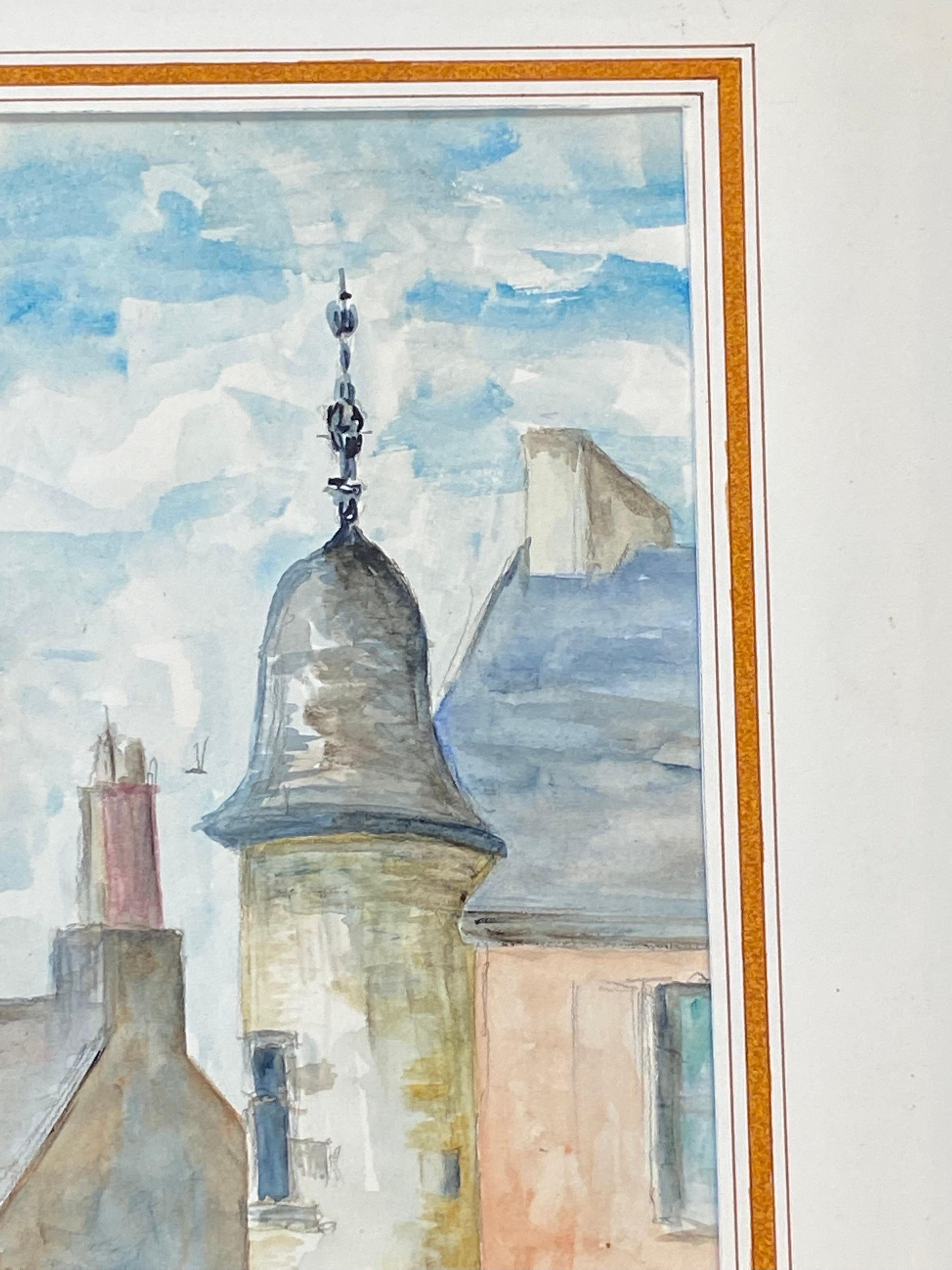 Peinture moderniste/cubiste française des années 1950 signée, bâtiments français de couleur claire en vente 3