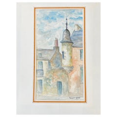 Peinture moderniste/cubiste française des années 1950 signée, bâtiments français de couleur claire