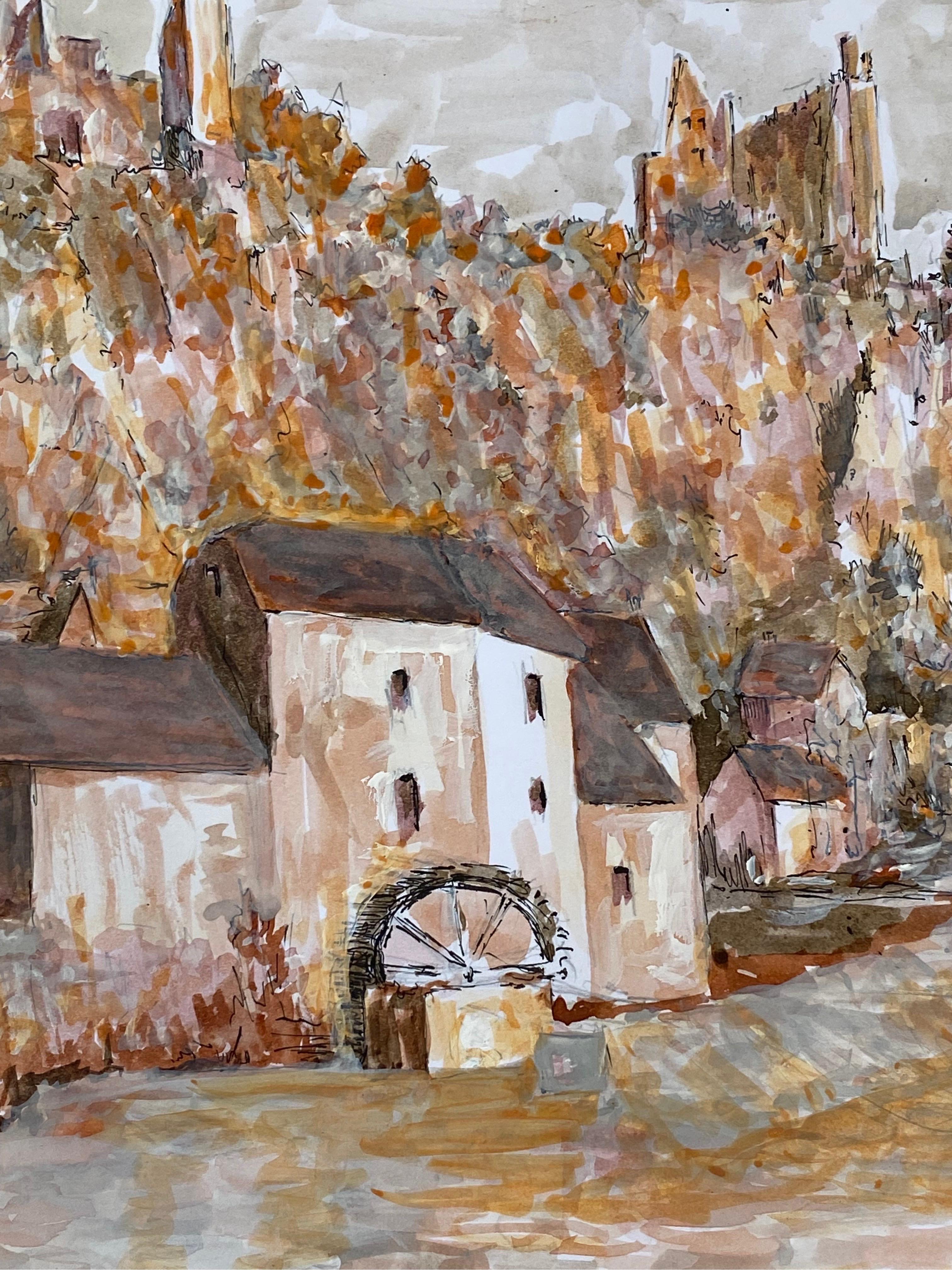 Peinture moderniste / cubiste française des années 1950 signée, paysage orange et rose en vente 2