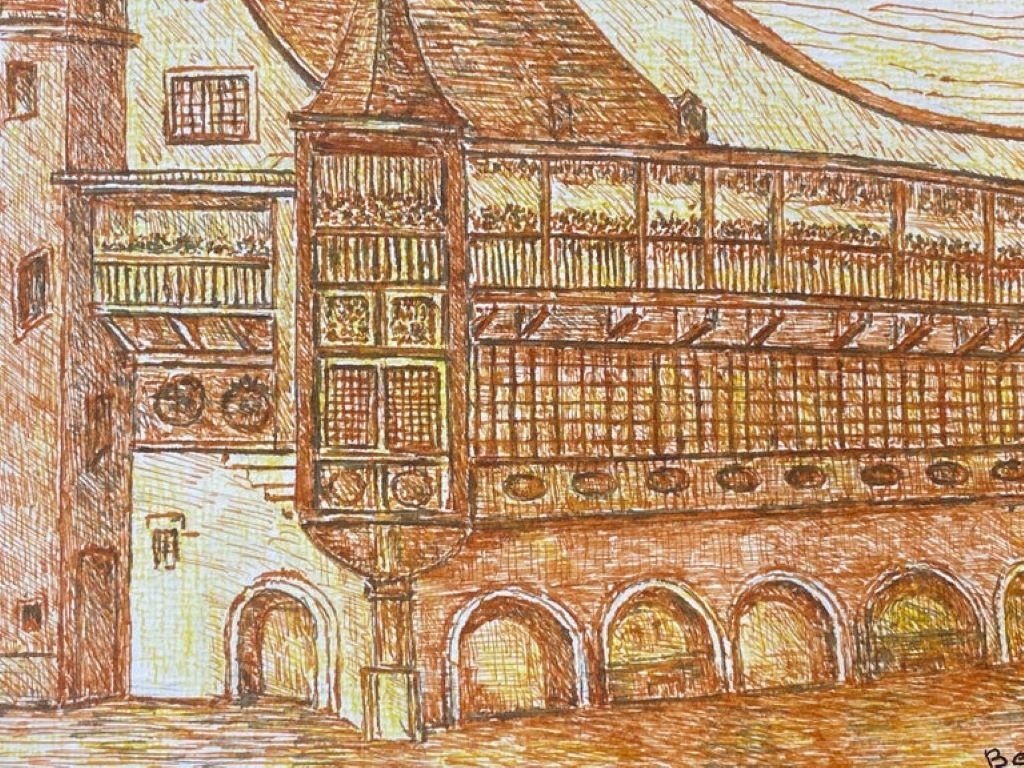 Orangefarbenes Gebäude
von Bernard Labbe (Französisch, Mitte 20. Jahrhundert)
Signiertes Original-Aquarell/Gouache-Gemälde auf Karton, ungerahmt
Größe: 9,75 x 12,75 Zoll
Zustand: sehr gut und bereit, genossen zu werden. 

Provenienz: Atelier/Atelier