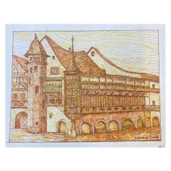 Peinture moderniste/cubiste française des années 1950 signée, paysage de bâtiment orange