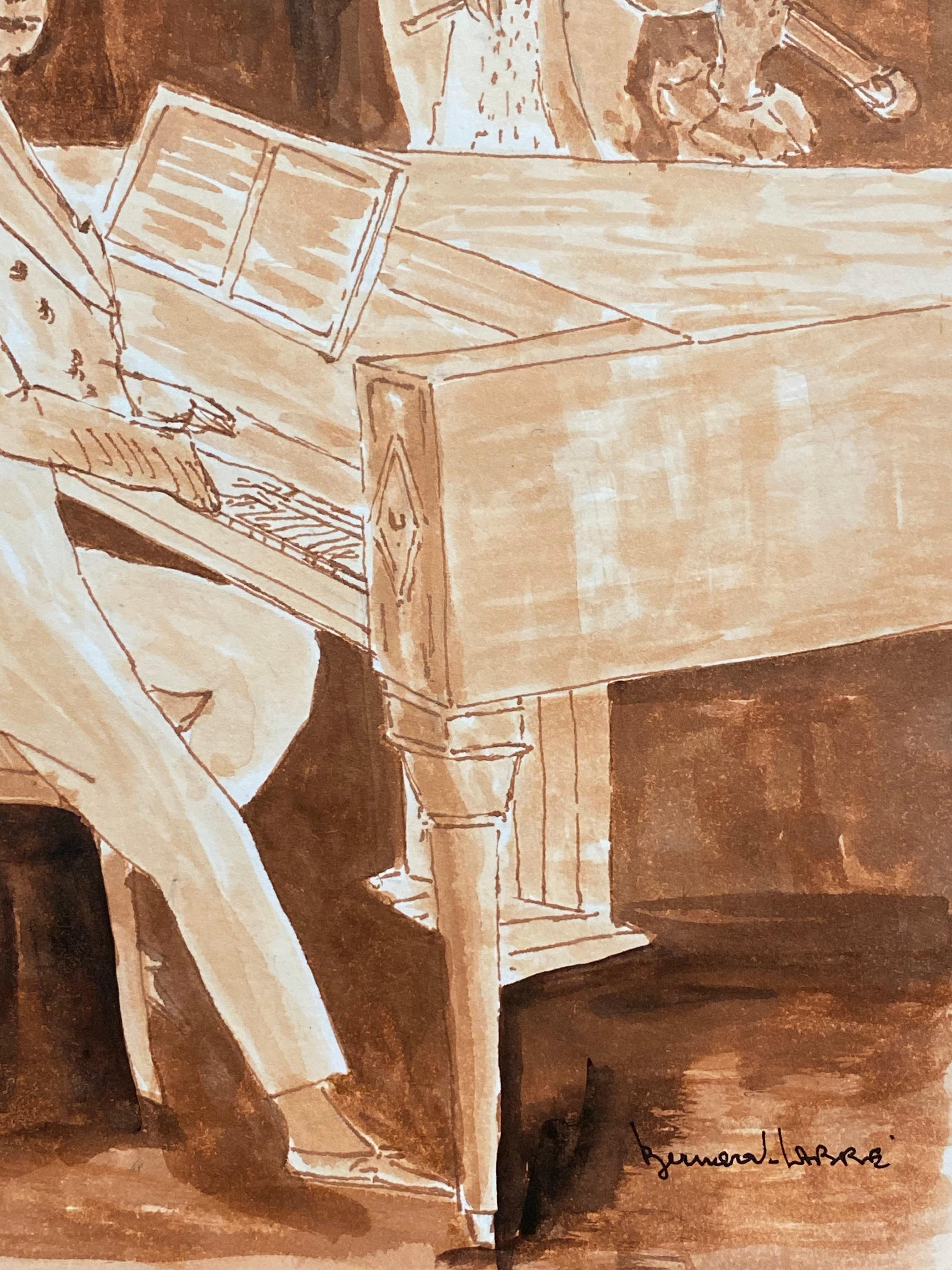 1950er Jahre Französisch Modernist / Kubist Gemälde signiert, Pianist & Violine Duett (Braun), Figurative Painting, von Unknown