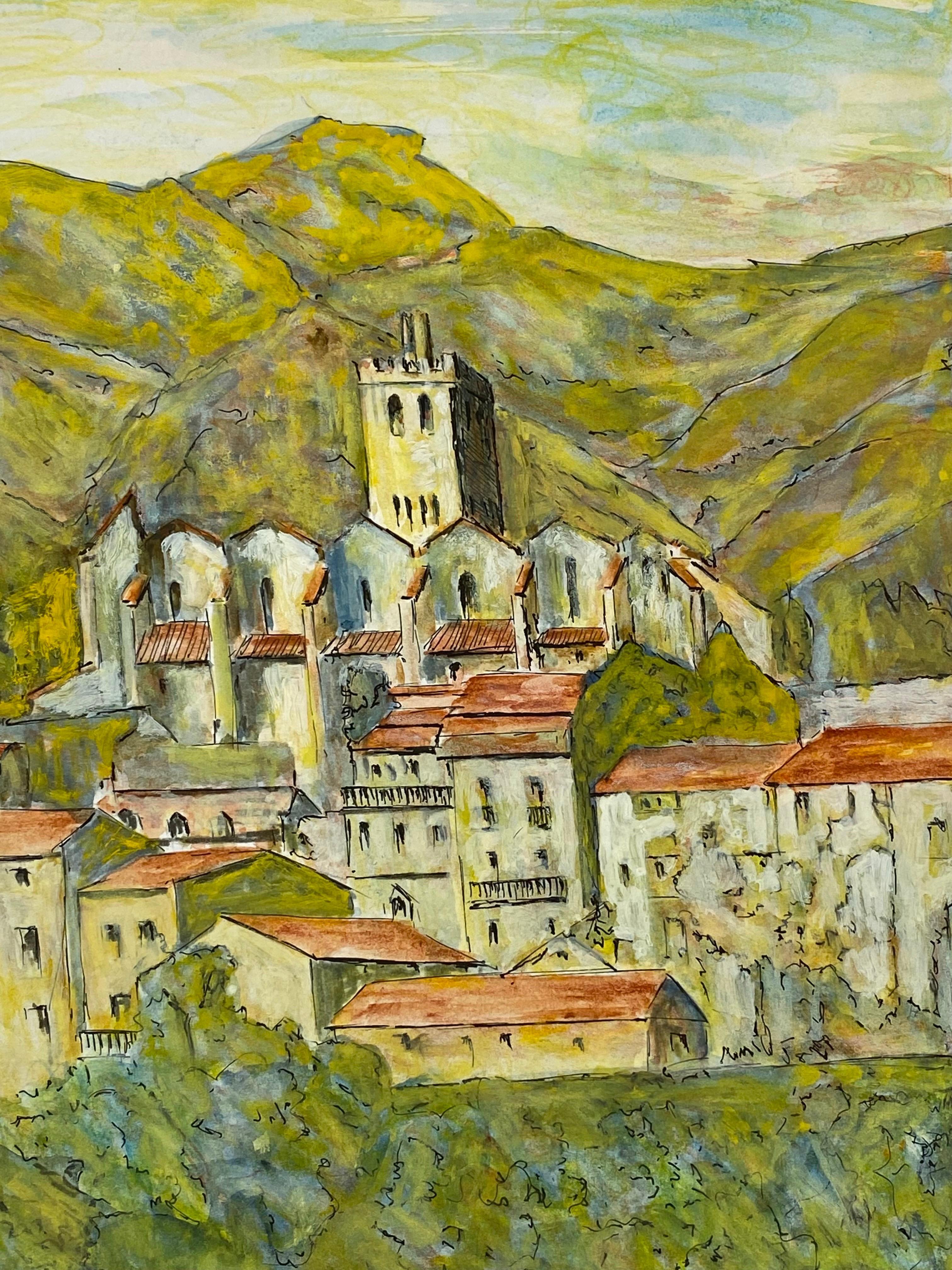 Peinture cubiste/moderniste française des années 1950 signée - Bâtiments français étonnants - Marron Landscape Painting par Unknown