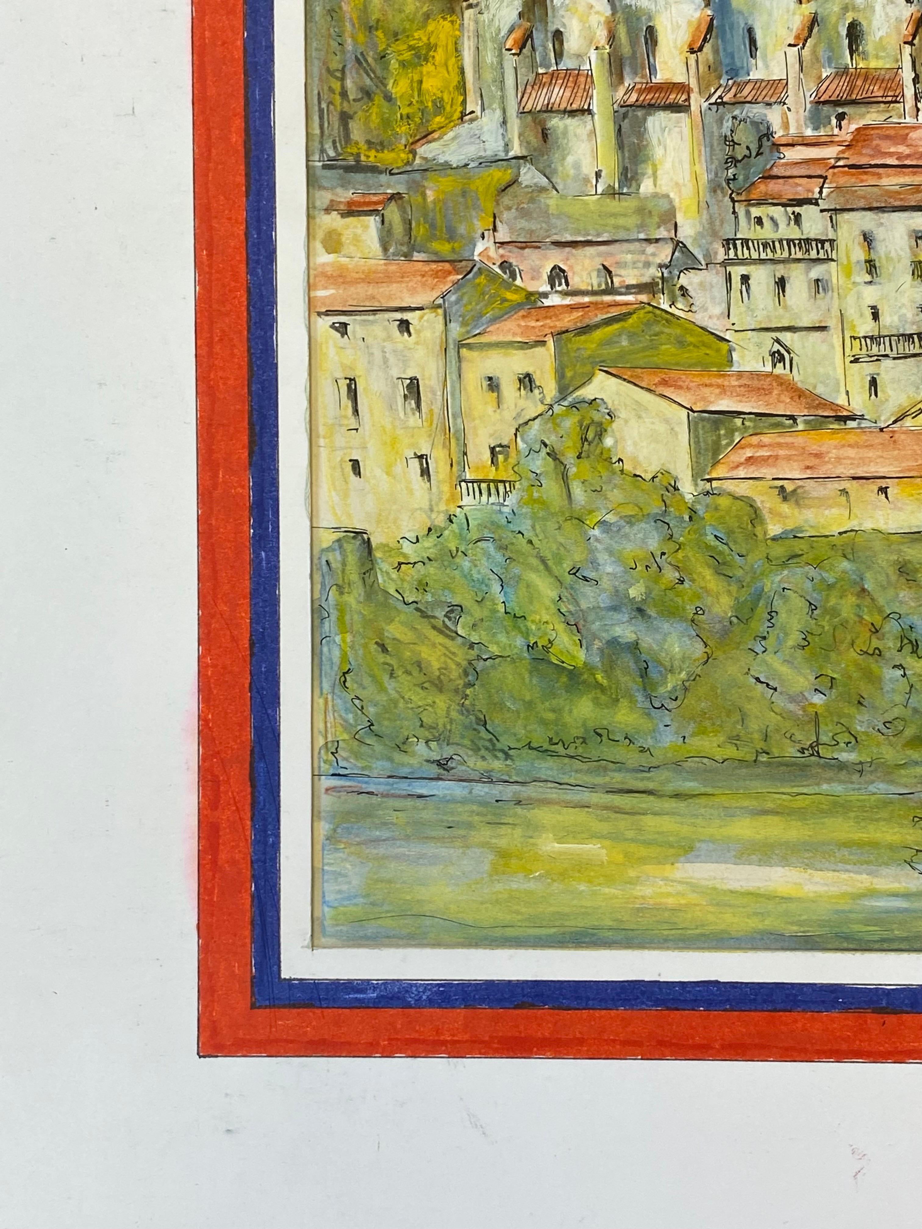 Peinture cubiste/moderniste française des années 1950 signée - Bâtiments français étonnants en vente 1