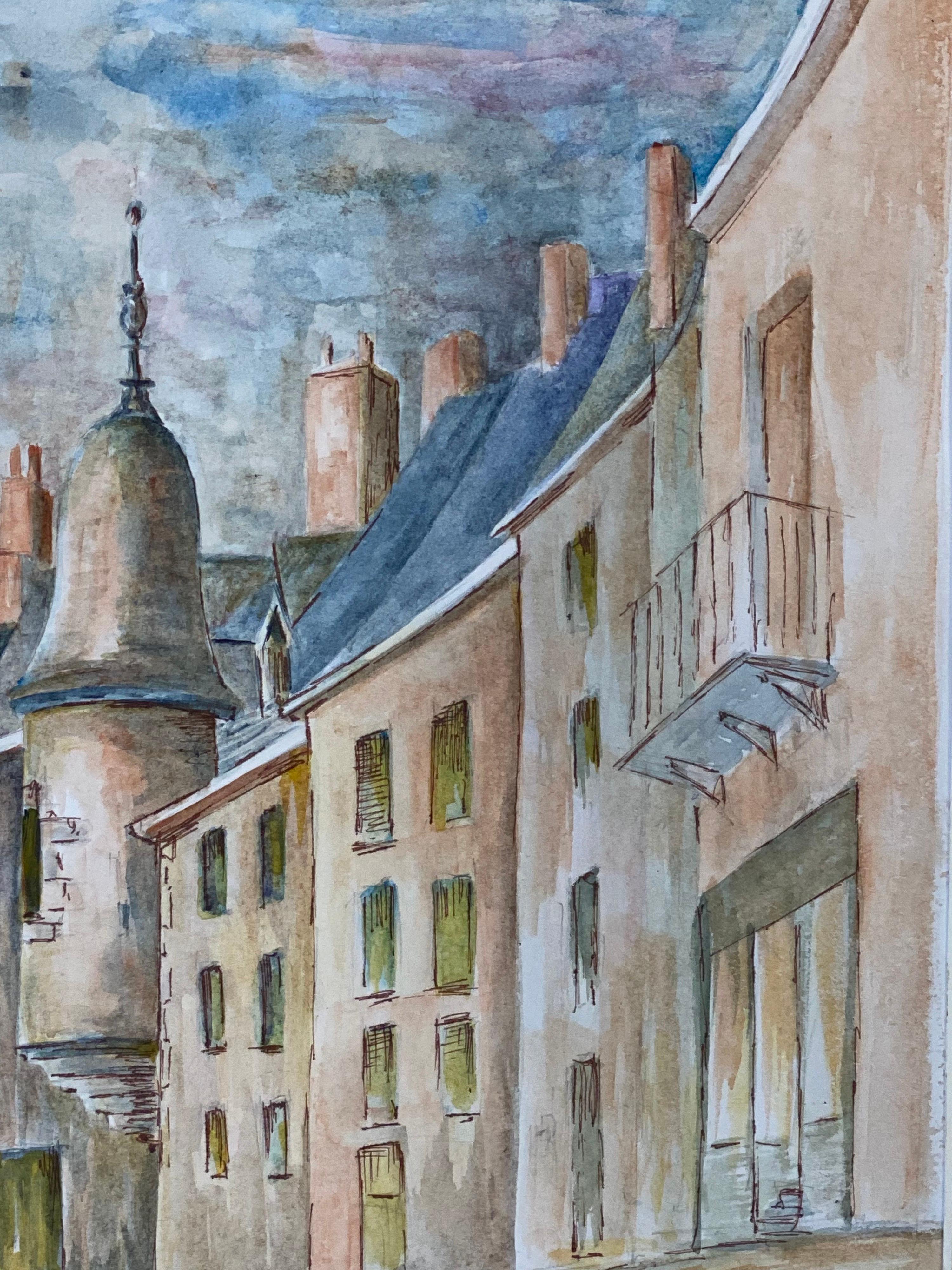 1950's French Modernist/ Cubist Painting Signed, Tall French Buildings For Sale 1
