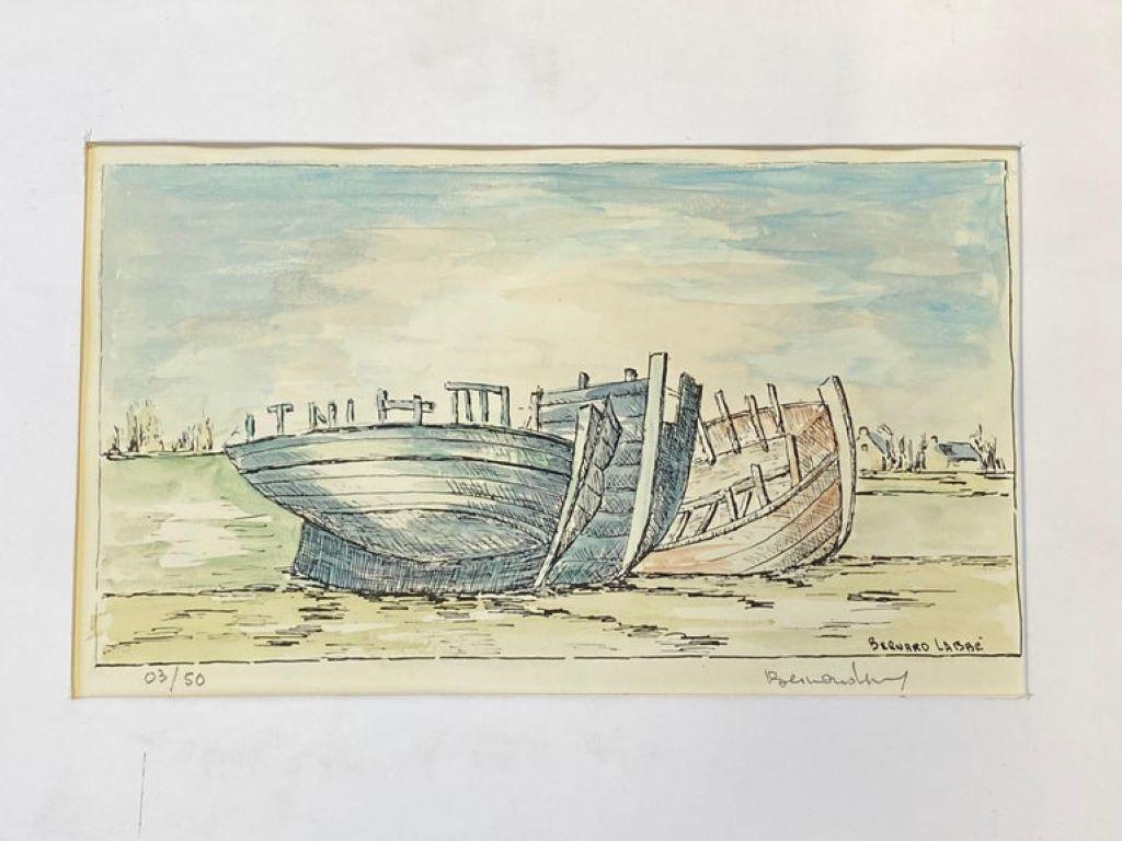 Peinture moderniste/cubiste française des années 1950 signée, les trois bateaux - Painting de Unknown