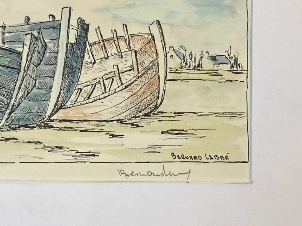 Peinture moderniste/cubiste française des années 1950 signée, les trois bateaux - Gris Landscape Painting par Unknown