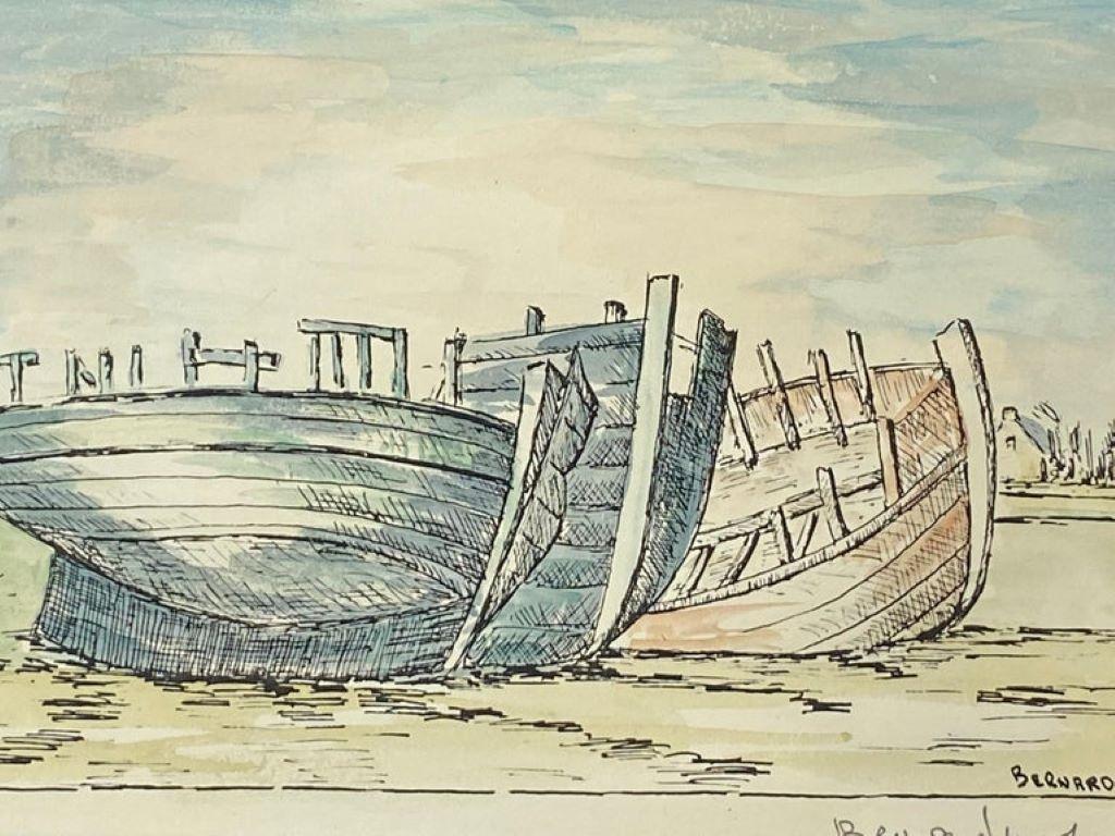 Peinture moderniste/cubiste française des années 1950 signée, les trois bateaux en vente 1