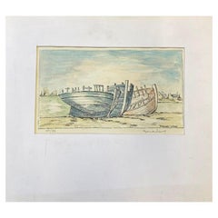 Peinture moderniste/cubiste française des années 1950 signée, les trois bateaux