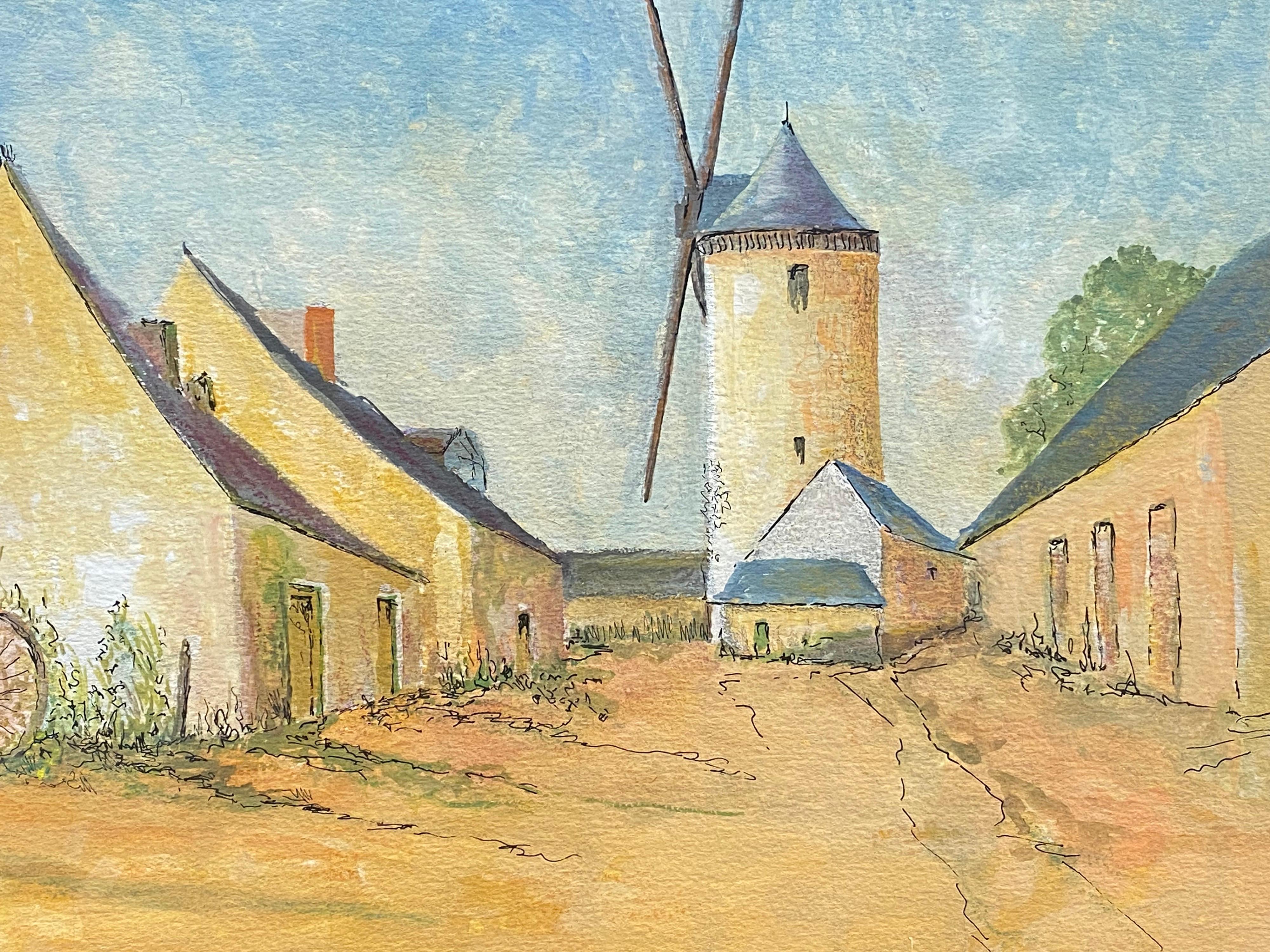Pintura modernista/cubista francesa de 1950 firmada, El molino de viento - Painting de Unknown