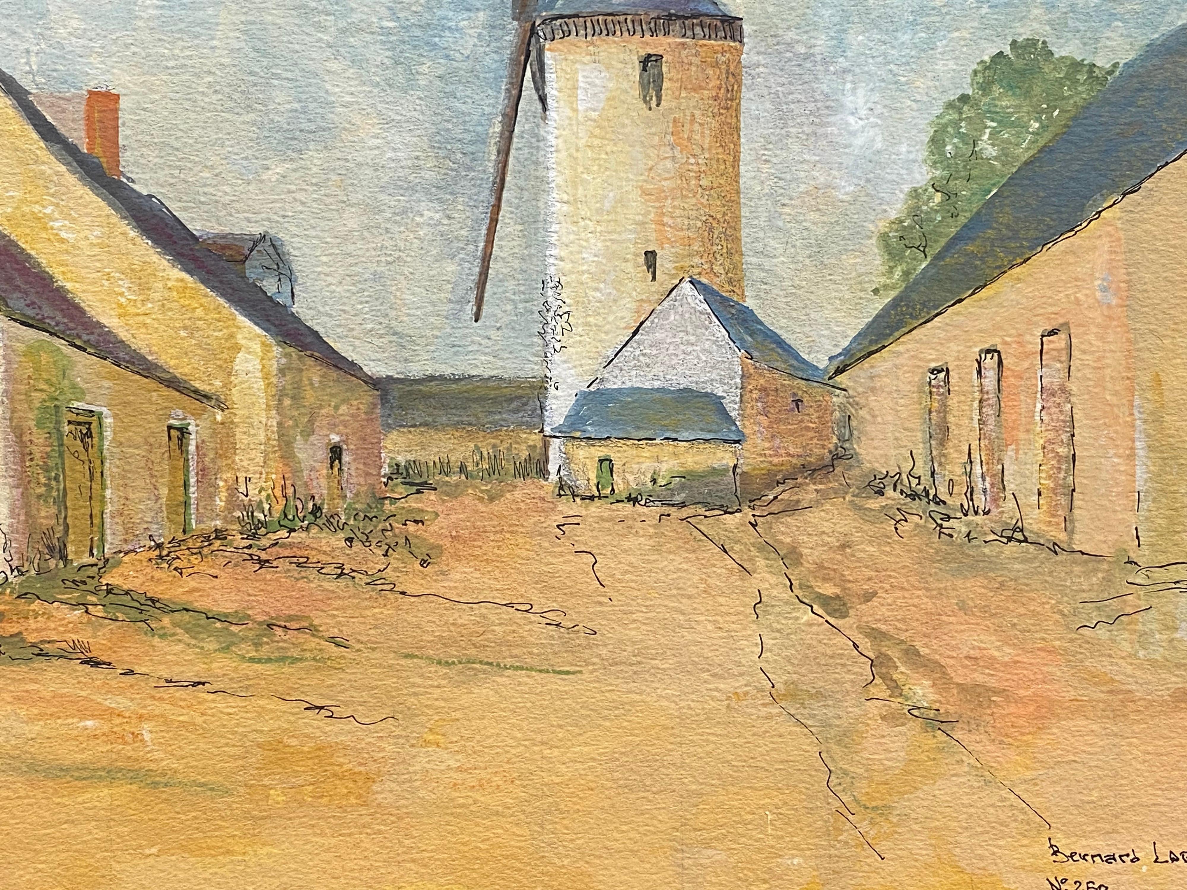 Pintura modernista/cubista francesa de 1950 firmada, El molino de viento - Landscape Painting Beige de Unknown