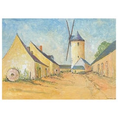 Pintura modernista/cubista francesa de 1950 firmada, El molino de viento