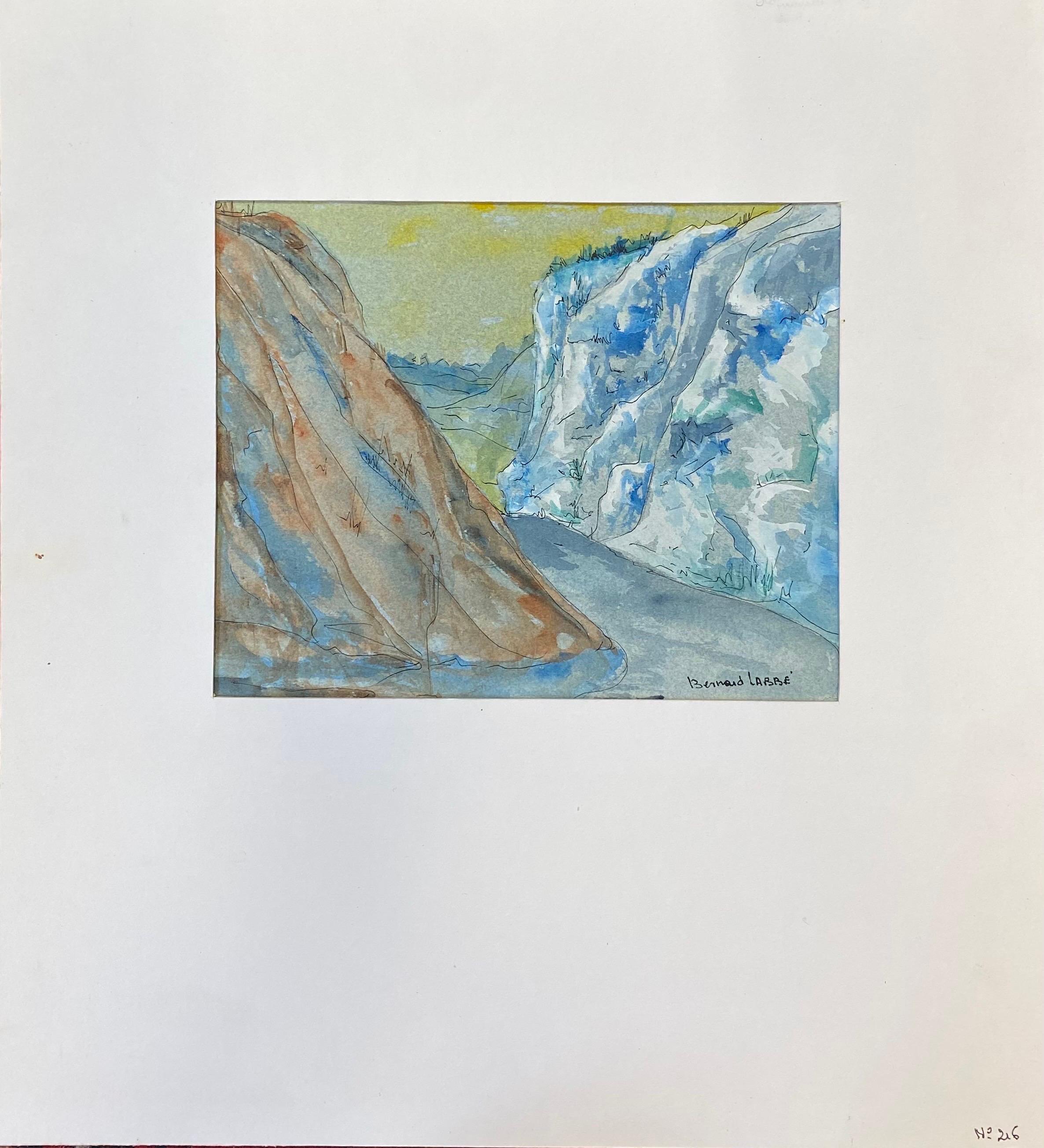 Peinture moderniste/cubiste française des années 1950 signée, à travers les montagnes - Painting de Unknown