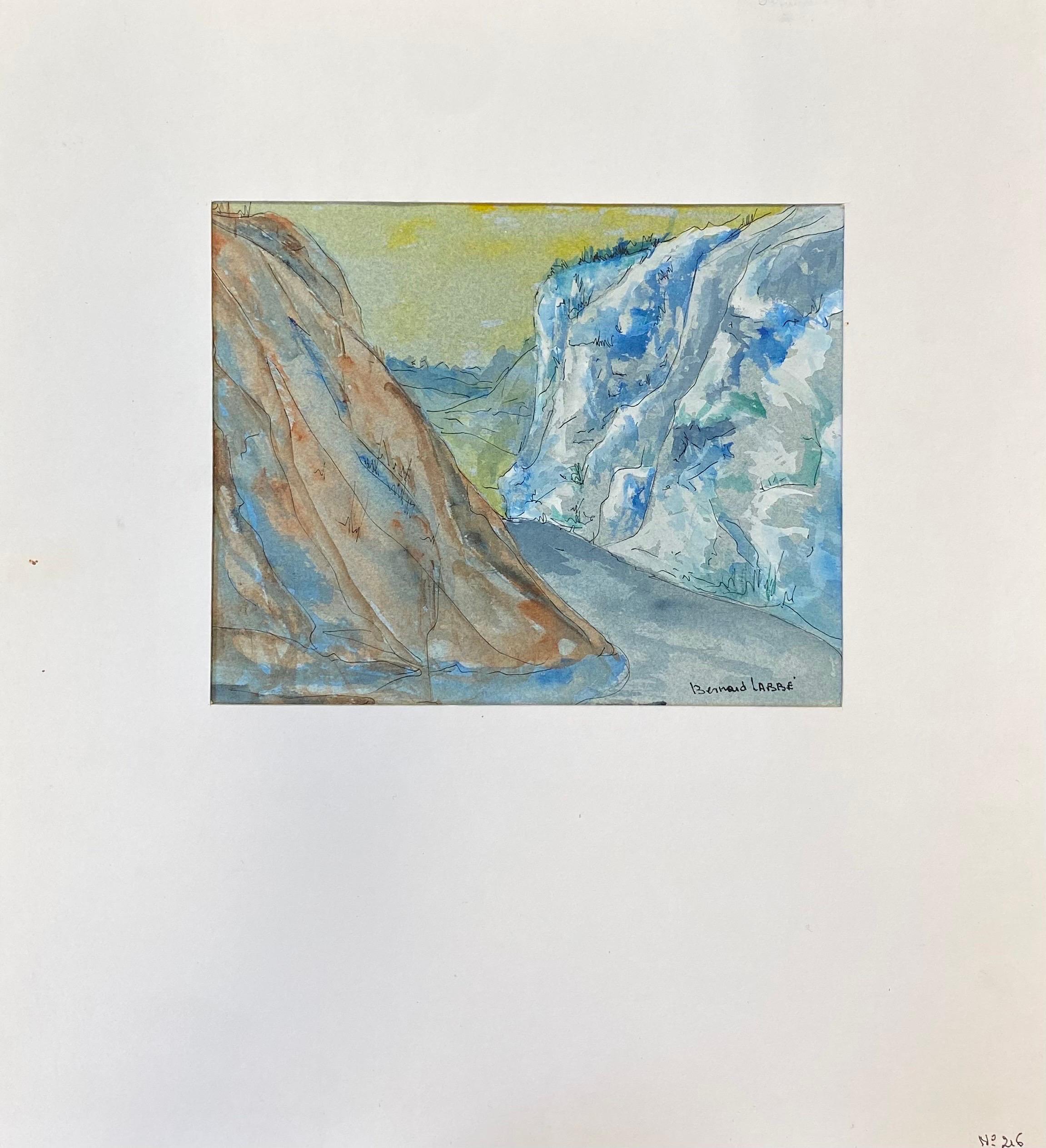 Peinture moderniste/cubiste française des années 1950 signée, à travers les montagnes - Gris Landscape Painting par Unknown