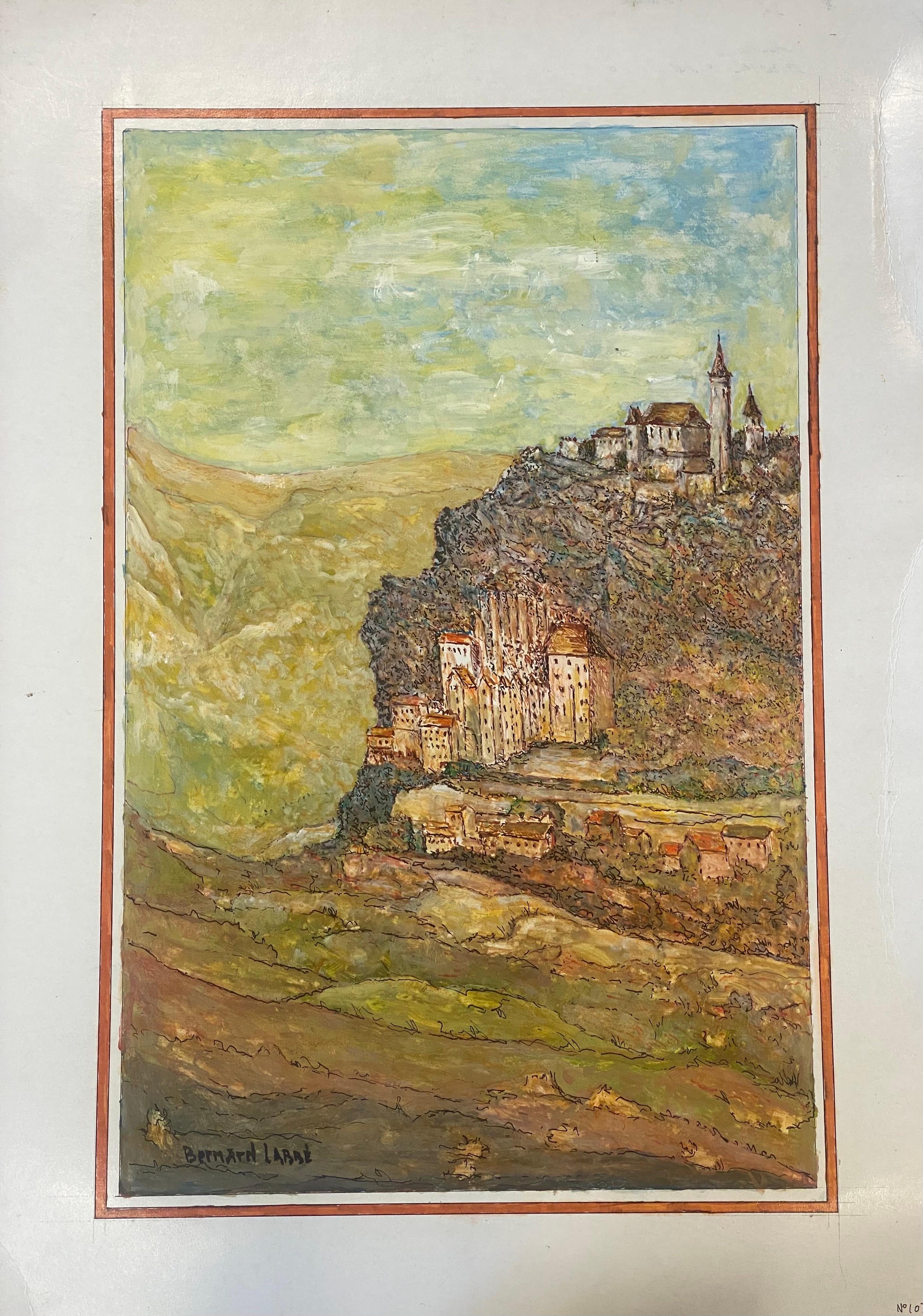 Peinture moderniste/cubiste française des années 1950 signée - Vue d'un village français - Painting de Unknown