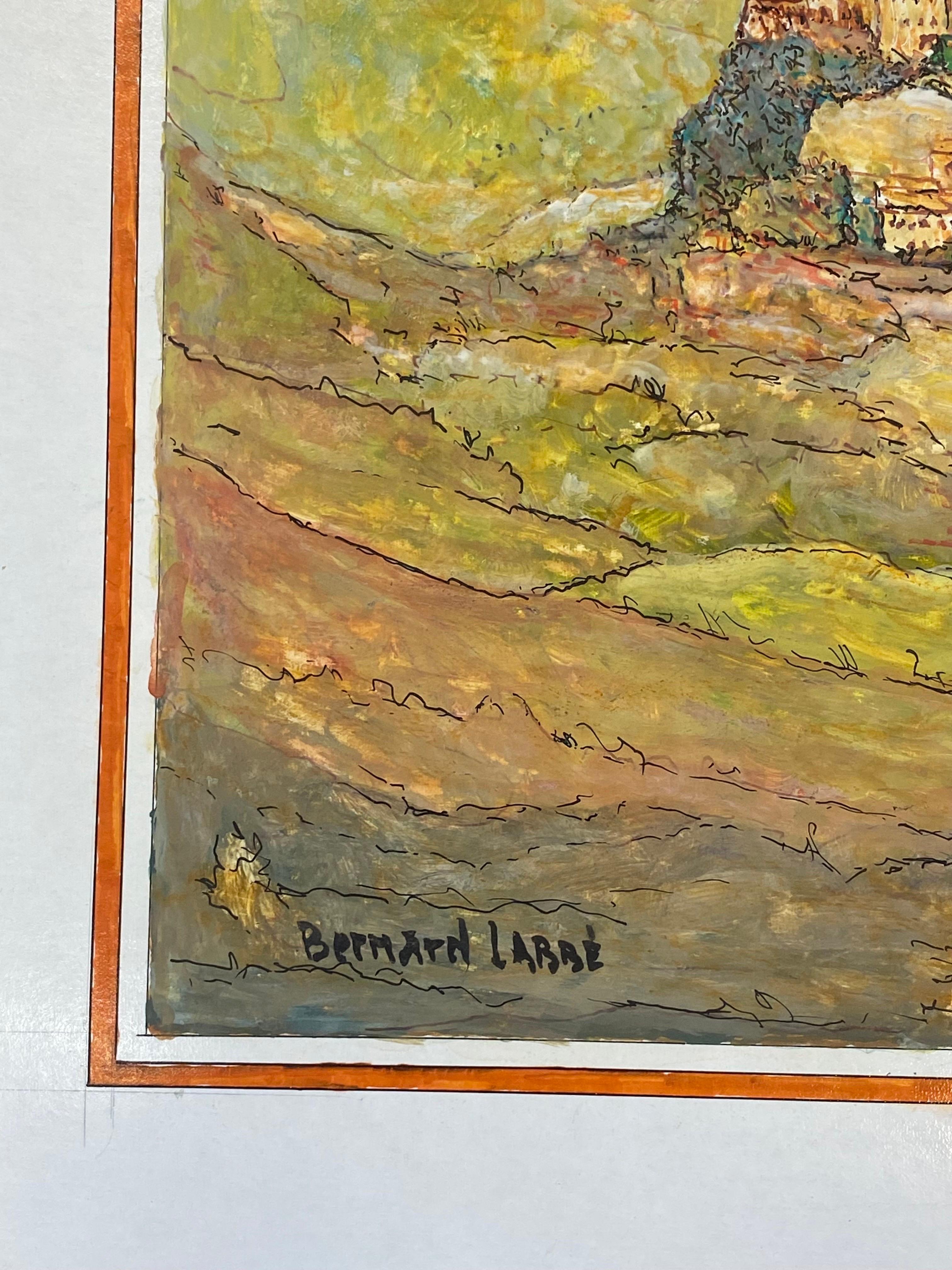 Peinture moderniste/cubiste française des années 1950 signée - Vue d'un village français en vente 1