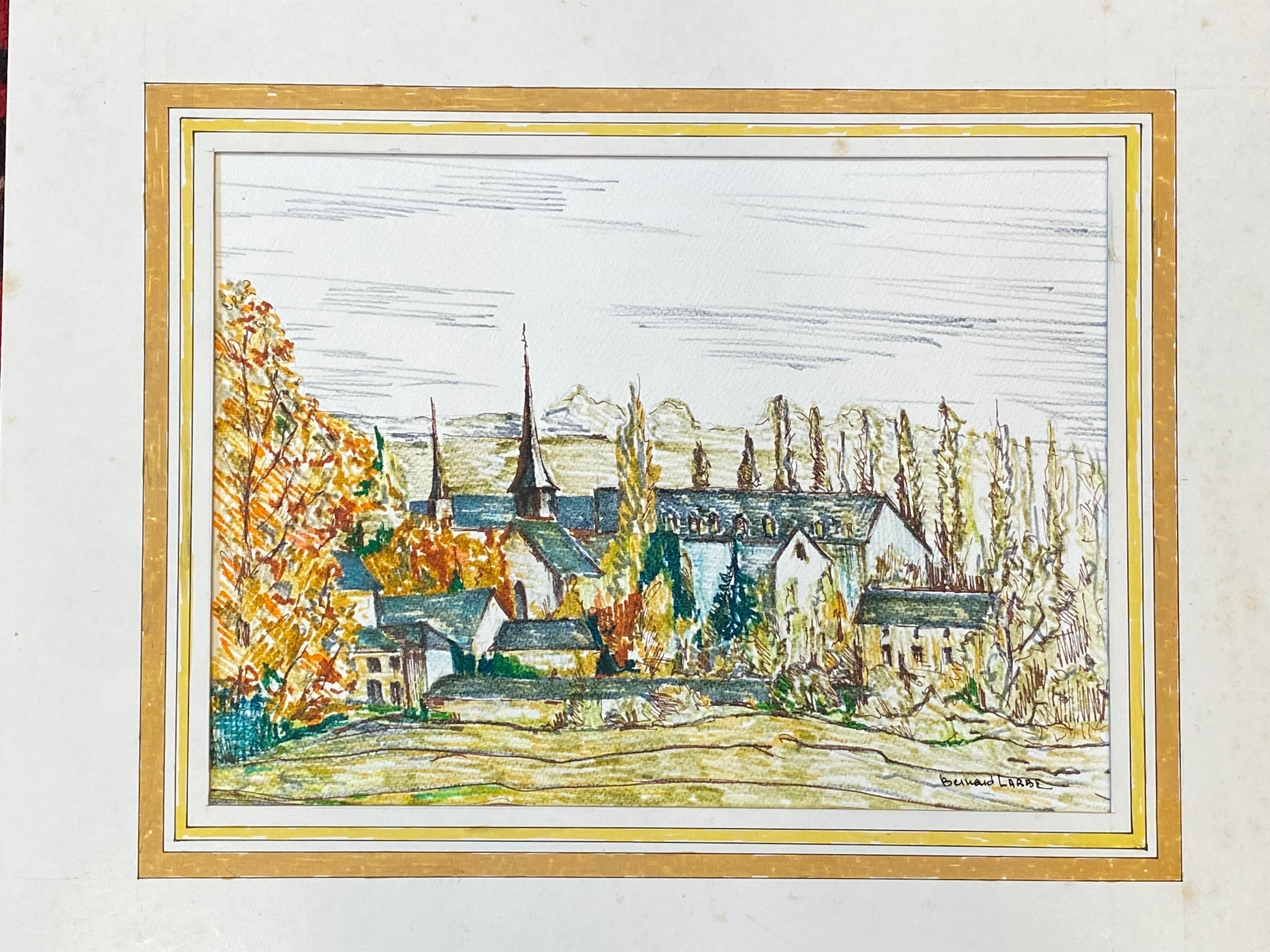 Peinture moderniste / cubiste française des années 1950 signée, Vue d'un village français verdoyant - Painting de Unknown