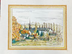 1950's French Modernist / Cubist Painting Signed, View of Green French Village